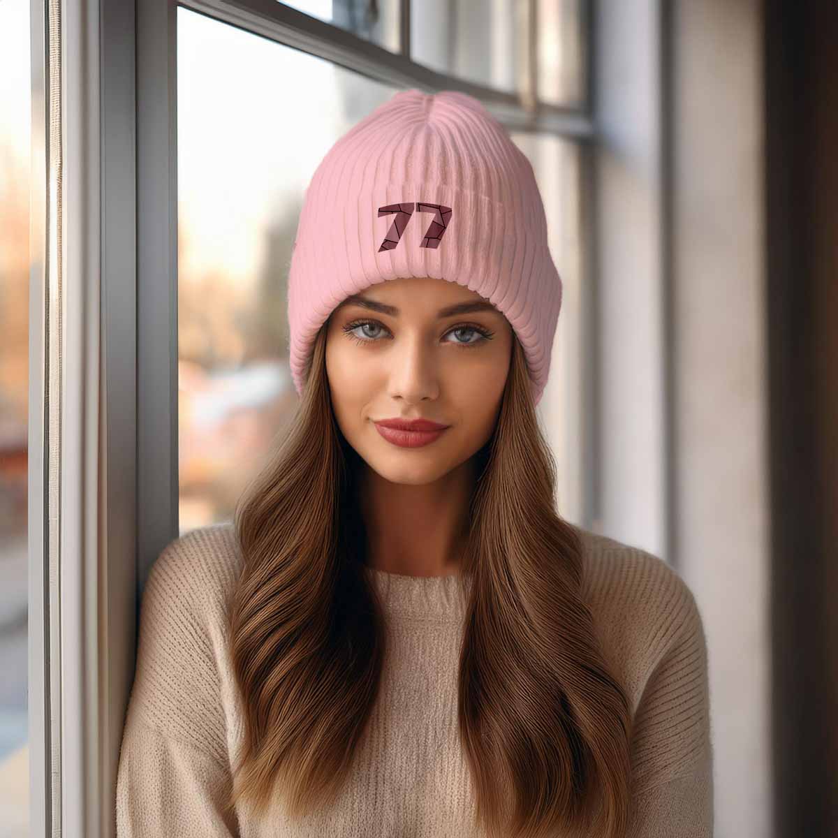 77 Number Beanie | Modern Numeric Knit Winter Hat | Beanies Plus by City Posters Plus