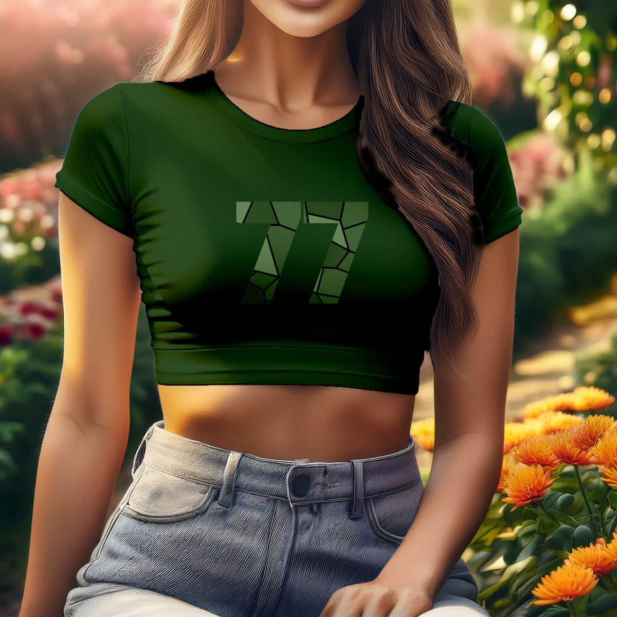 Number 77 Women Crop Top (Olive Green)