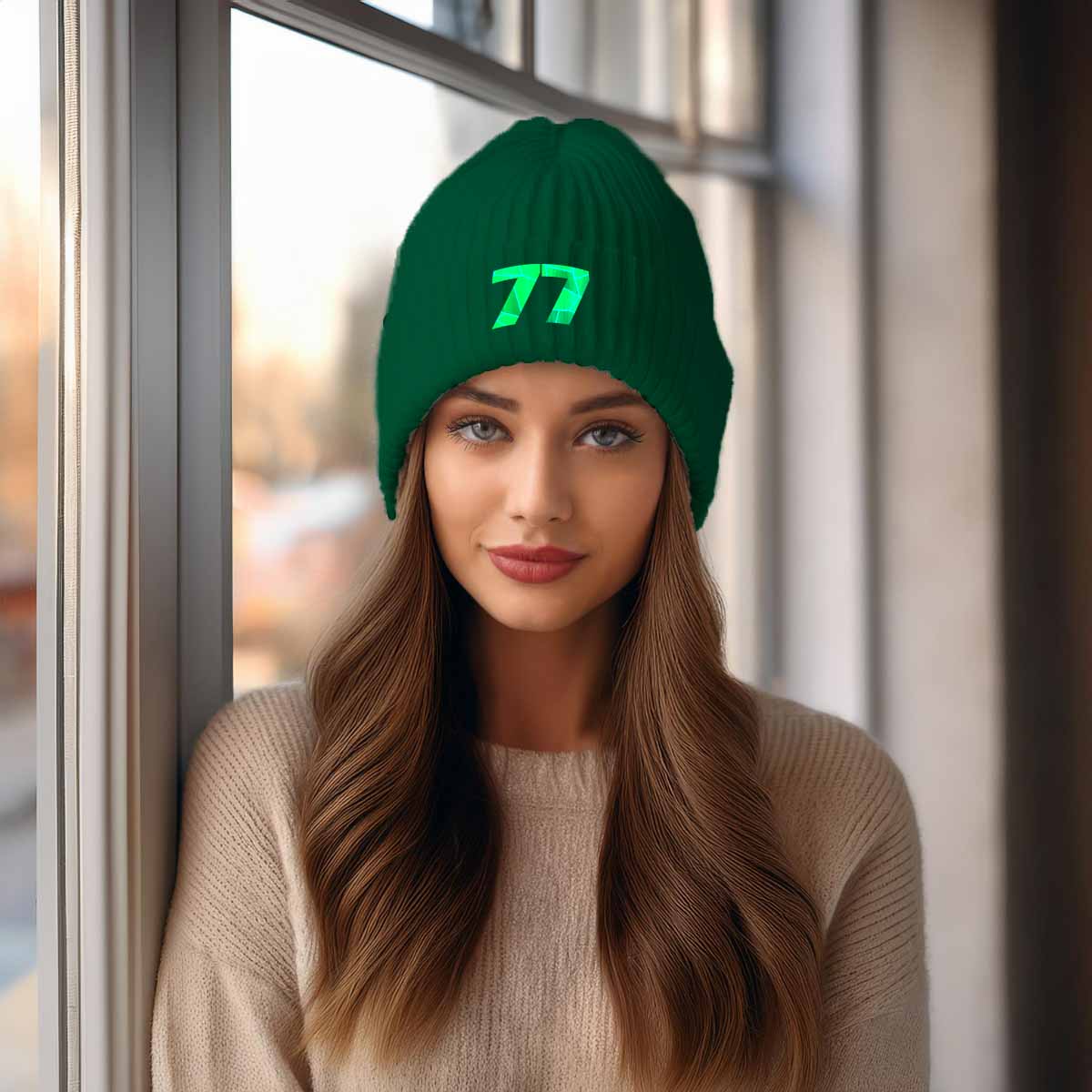 77 Number Beanie | Modern Numeric Knit Winter Hat | Beanies Plus by City Posters Plus