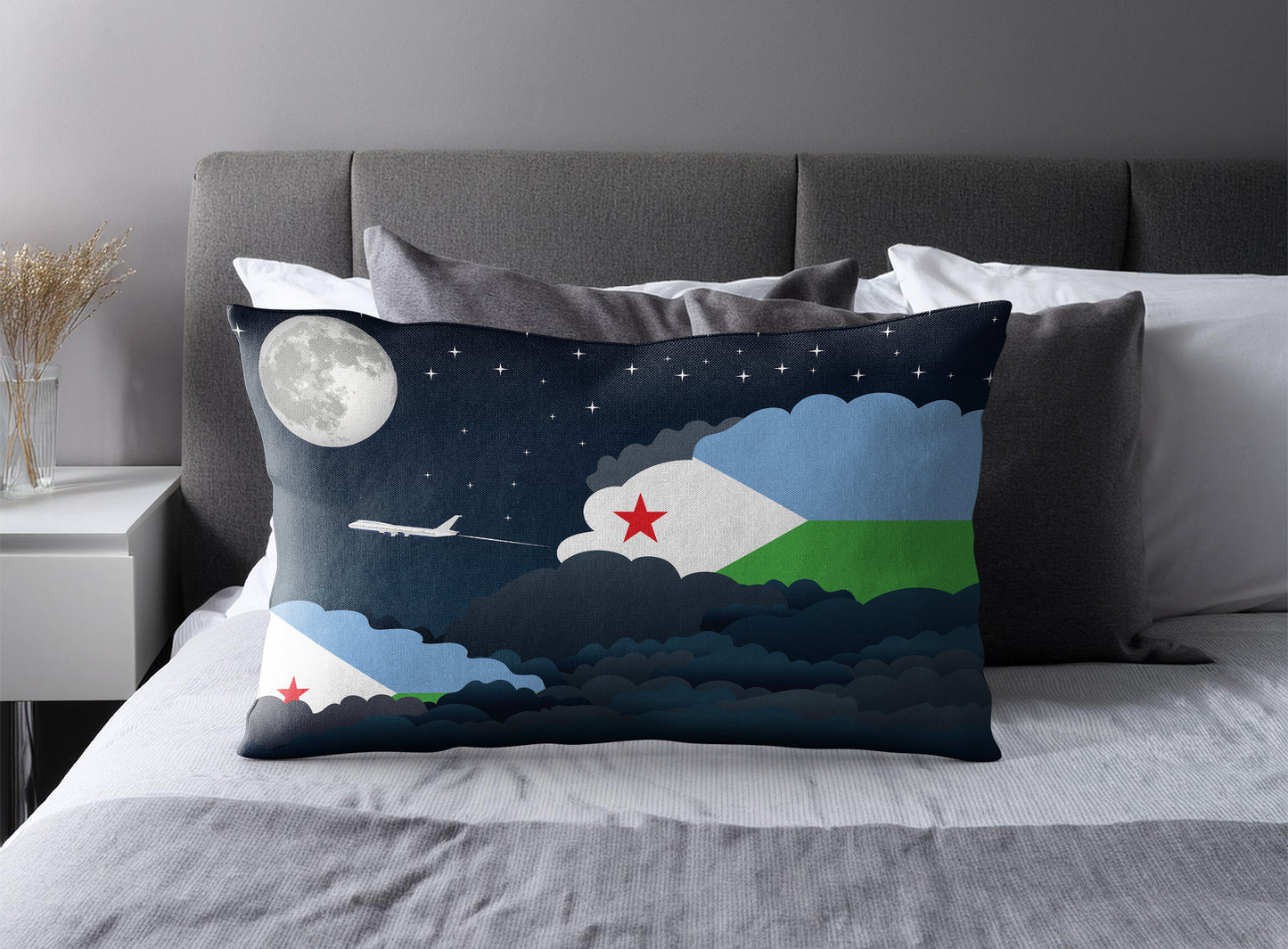Djibouti World Airplane Night Clouds Square & Rectangle Pillow Cases | Aviation Night Sky Pillow Covers