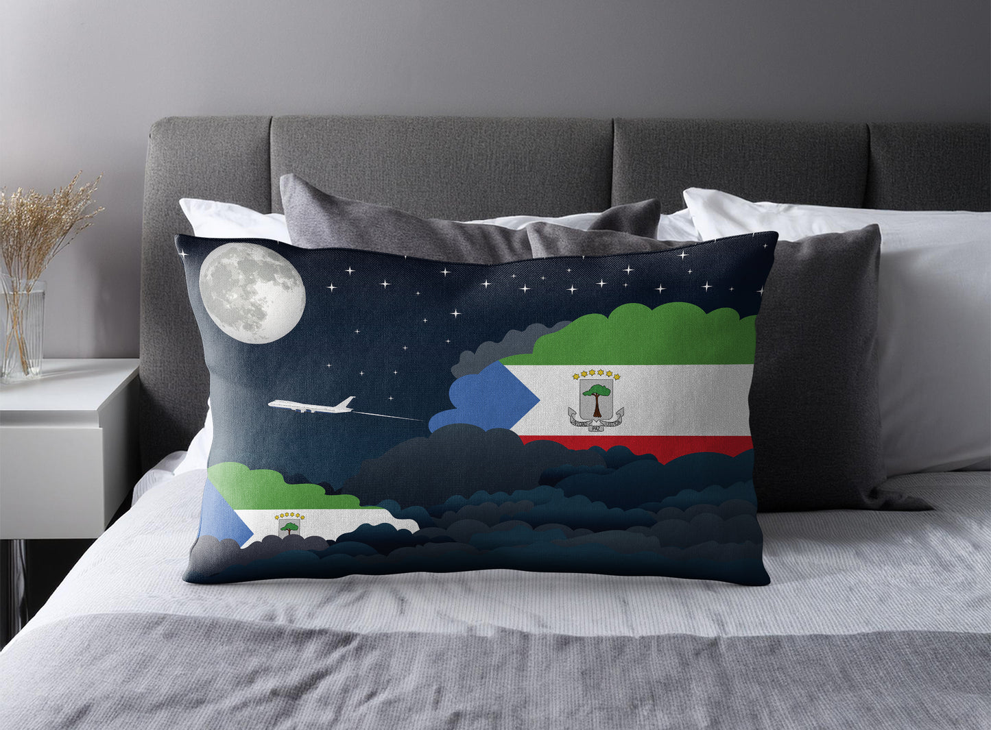 Equatorial Guinea World Airplane Night Clouds Square & Rectangle Pillow Cases | Aviation Night Sky Pillow Covers