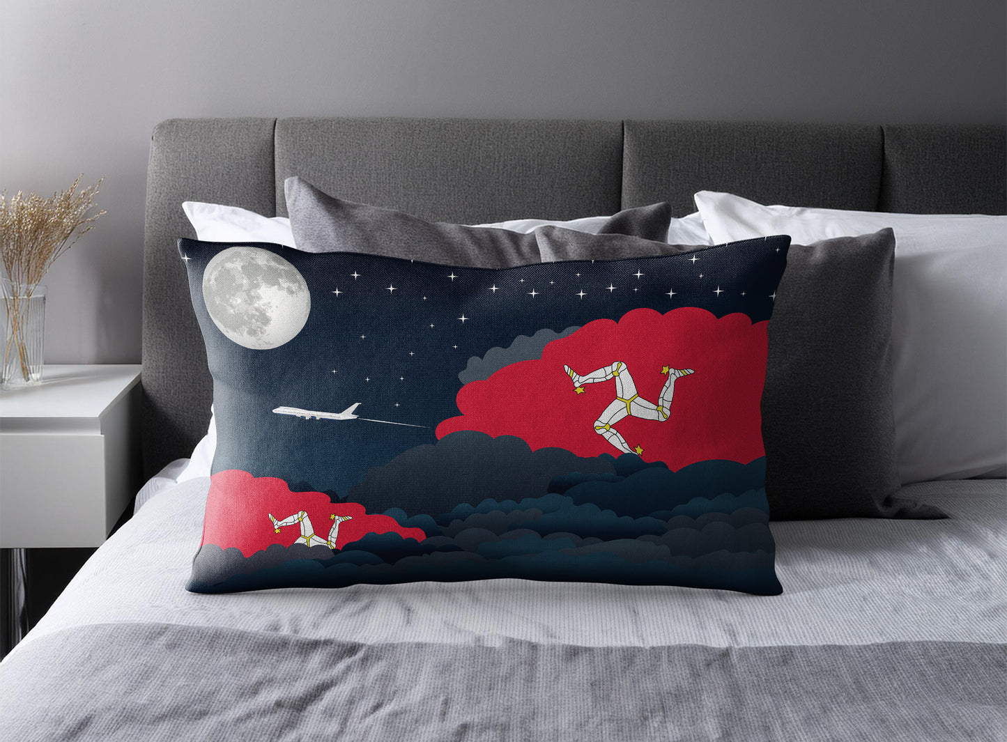 Isle of Man World Airplane Night Clouds Square & Rectangle Pillow Cases | Aviation Night Sky Pillow Covers