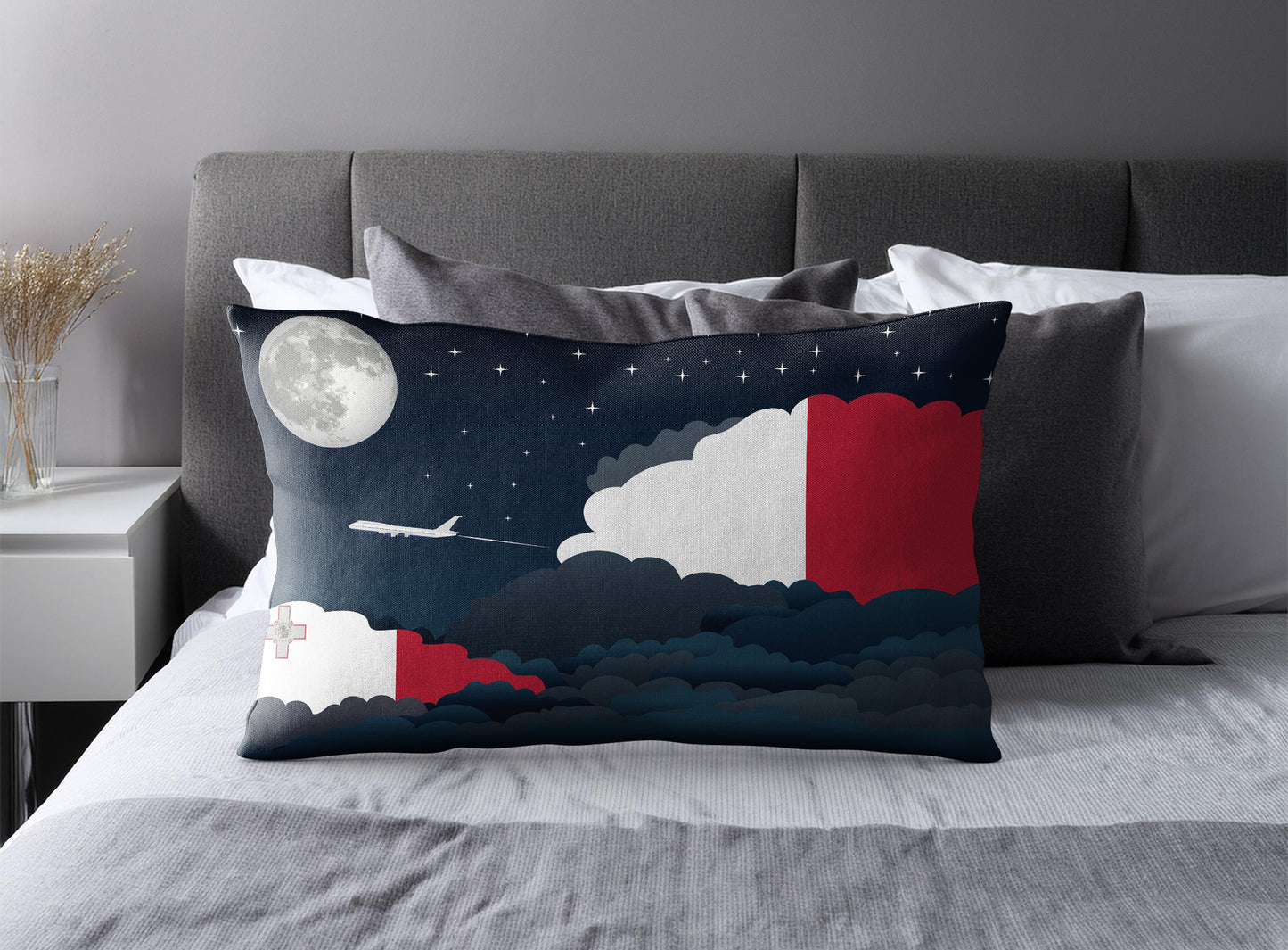 Malta World Airplane Night Clouds Square & Rectangle Pillow Cases | Aviation Night Sky Pillow Covers