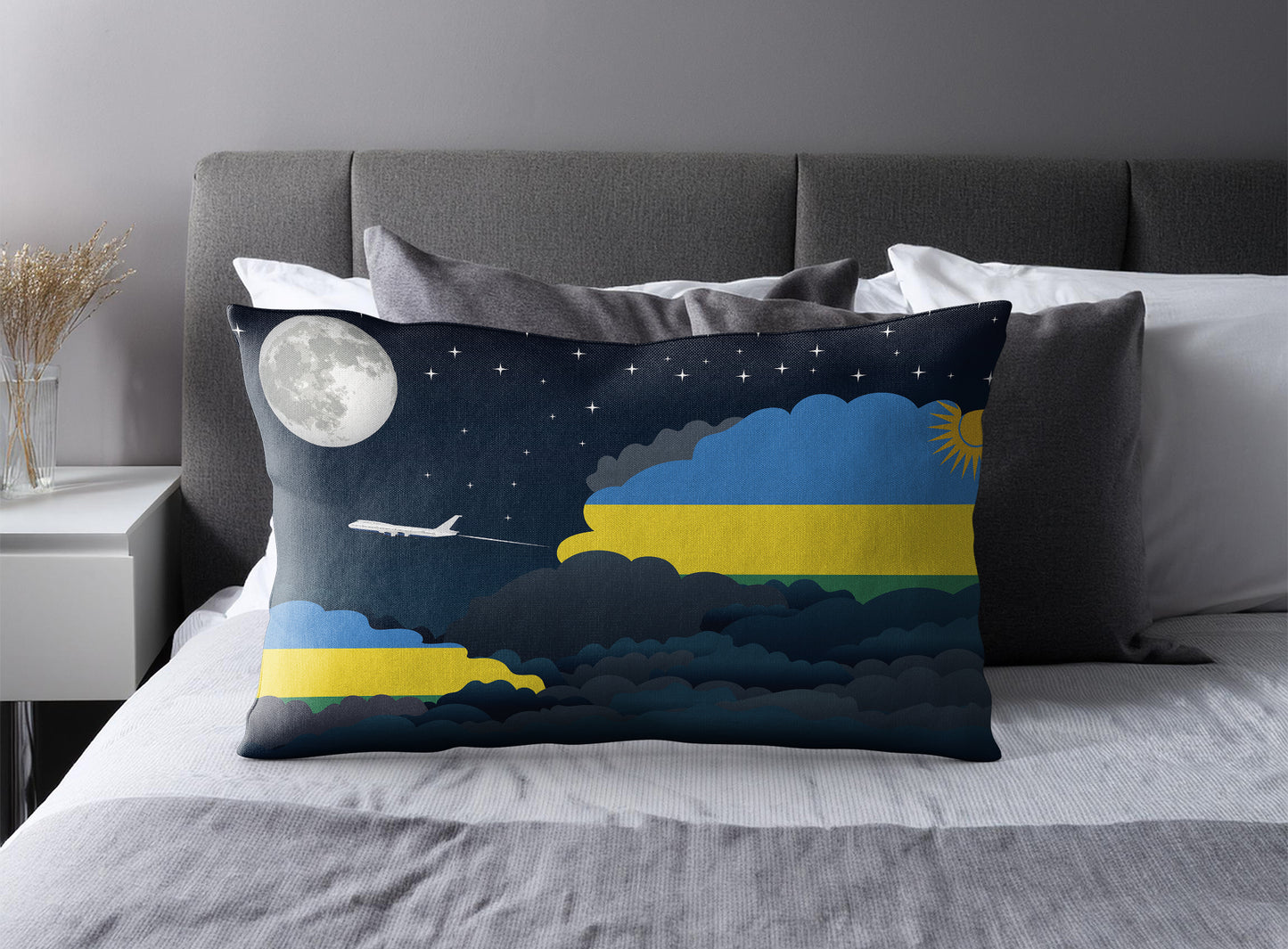 Rwanda World Airplane Night Clouds Square & Rectangle Pillow Cases | Aviation Night Sky Pillow Covers
