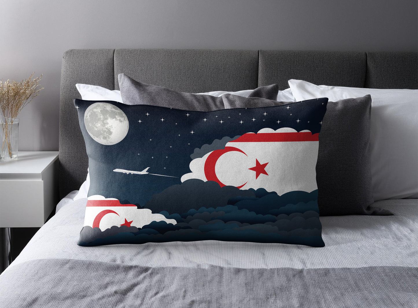 Turkish Republic of Northern Cyprus World Airplane Night Clouds Square & Rectangle Pillow Cases | Aviation Night Sky Pillow Covers