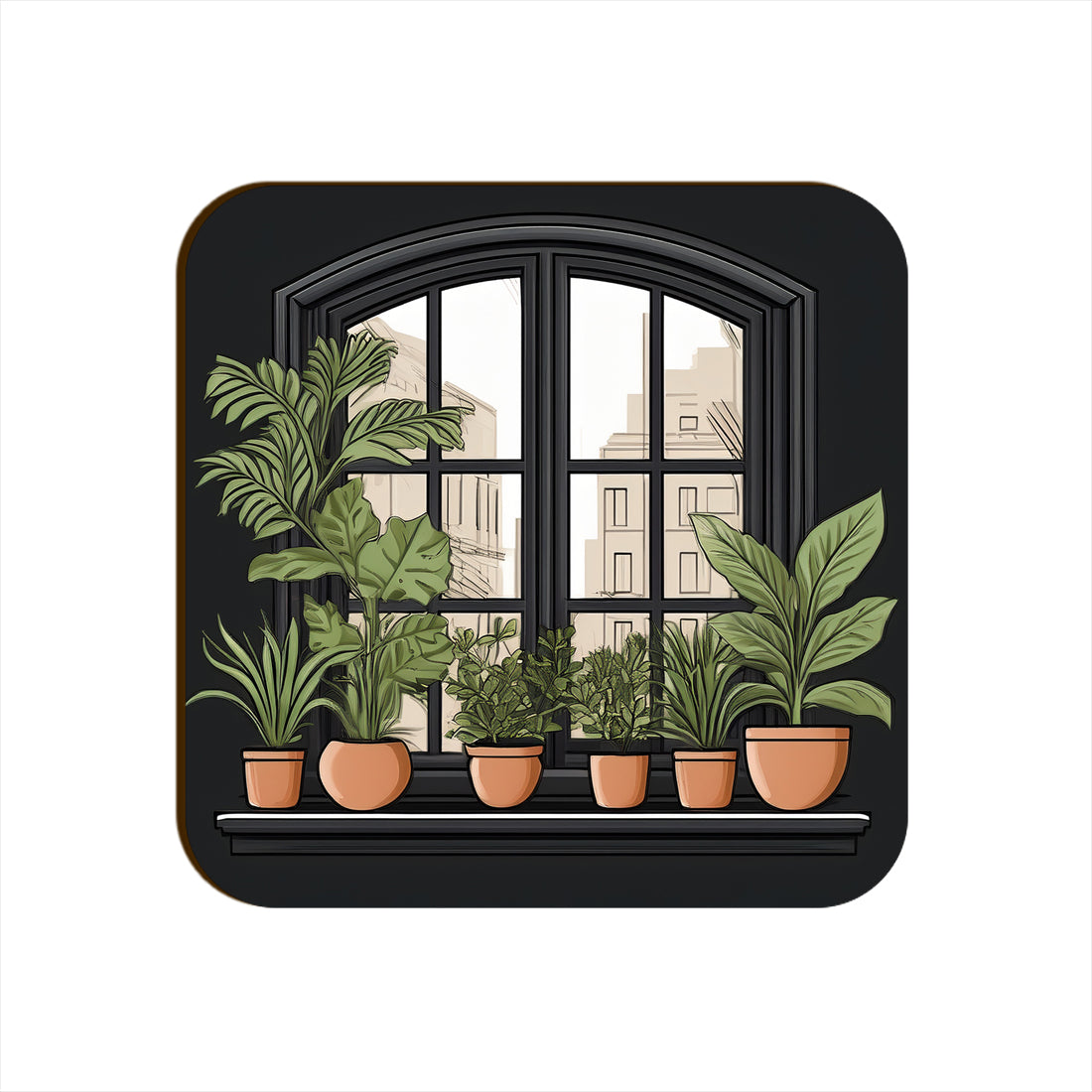Black Window Plants Pots Square Coaster Style #2