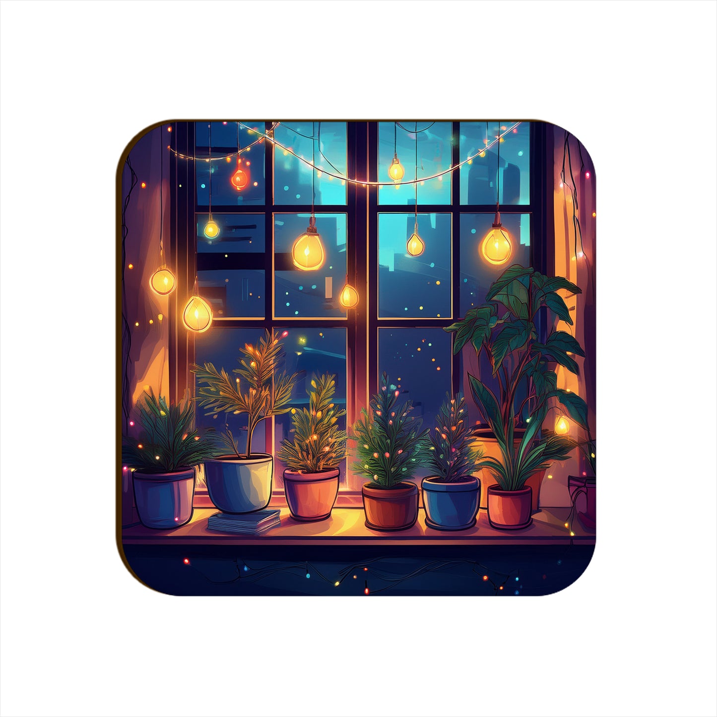 Window Light Strings Plants Pots Square Coaster Style #8