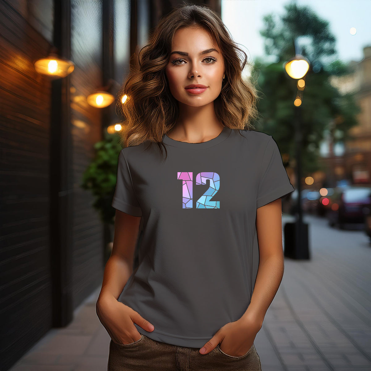 City Posters Plus 12 Number Women T-Shirt (Charcoal Grey) | Stylish Numeric Graphic Tee