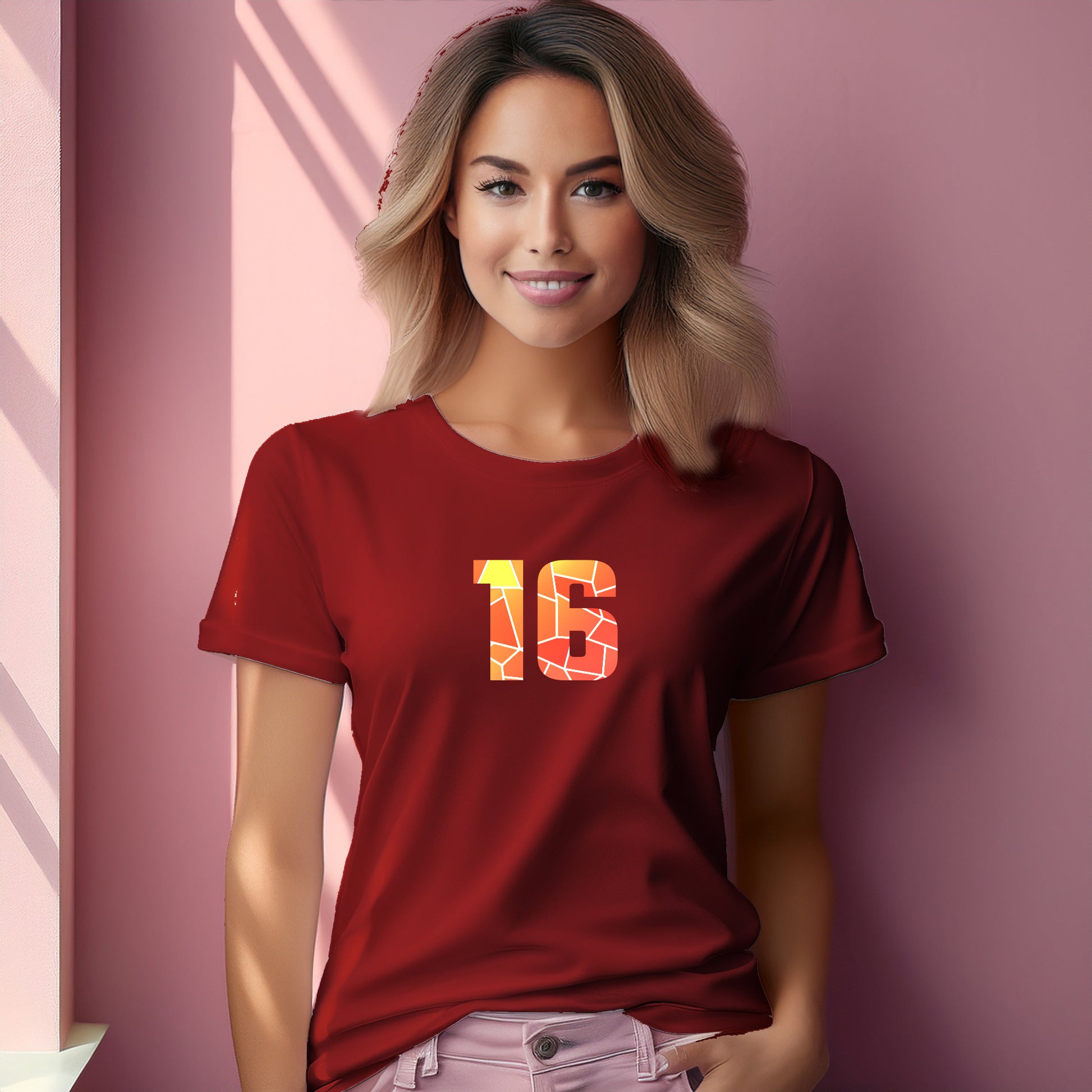16 Number Women T-Shirt (Red) | Stylish Numeric Graphic Tee