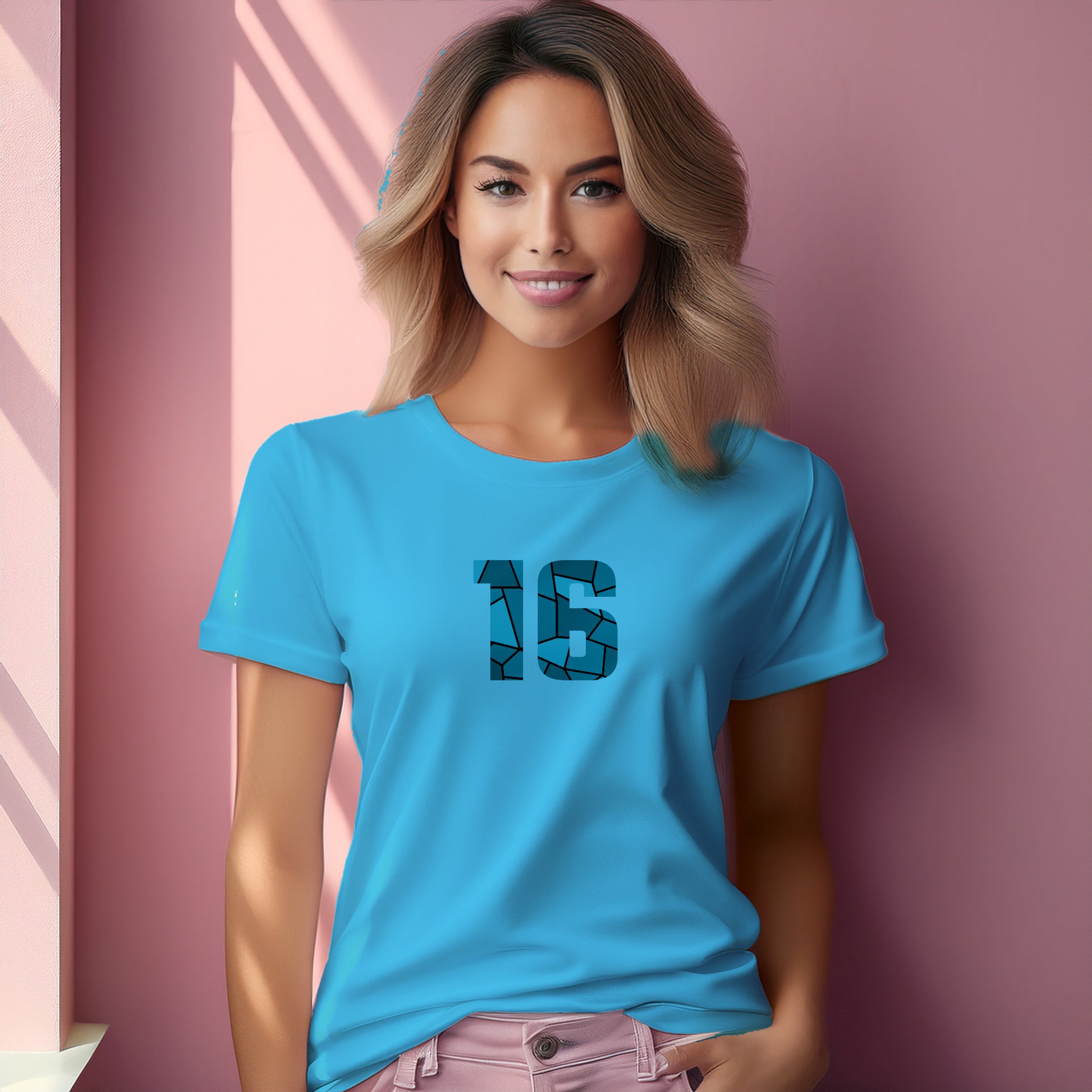 16 Number Women T-Shirt (Sky Blue) | Stylish Numeric Graphic Tee