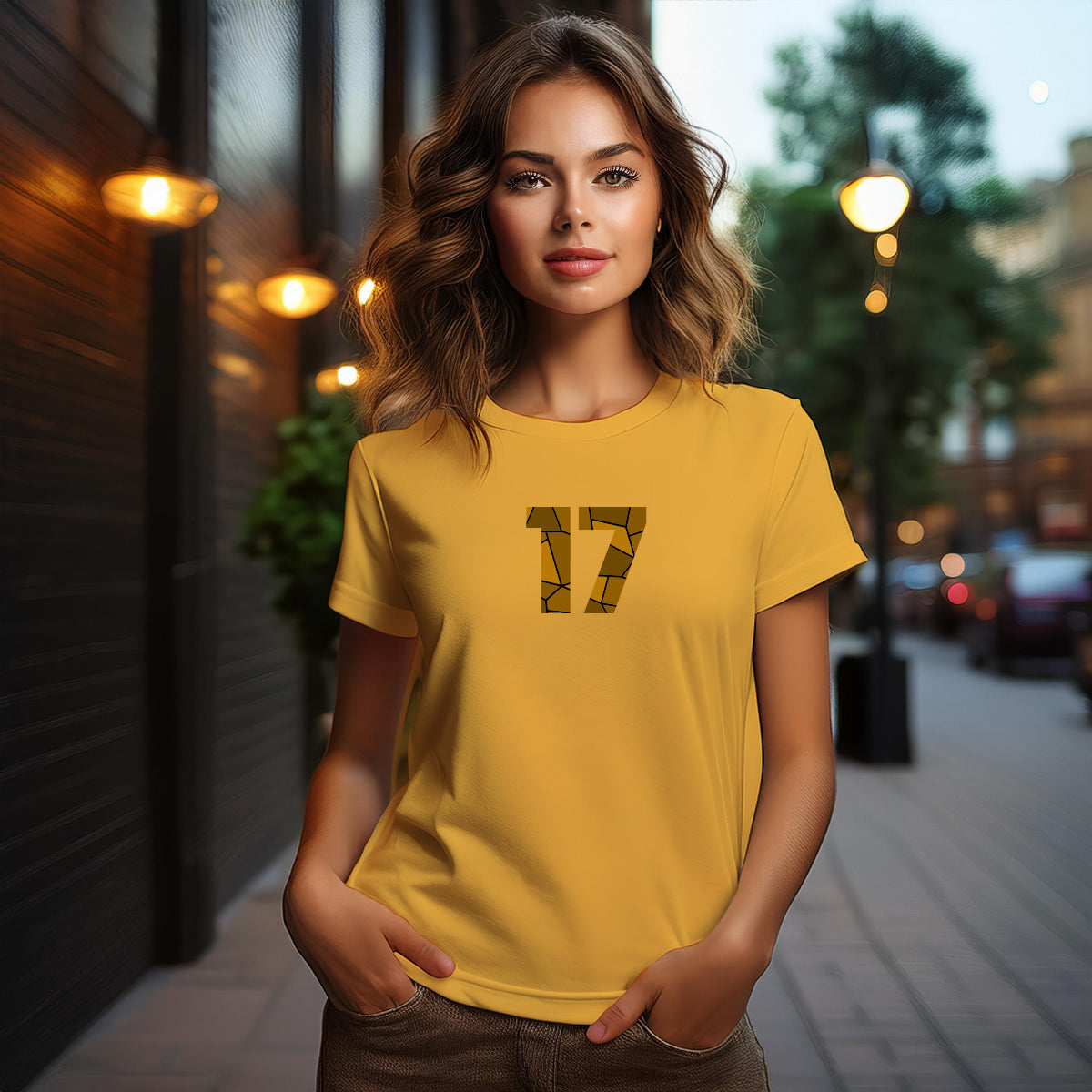 City Posters Plus 17 Number Women T-Shirt (Golden Yellow) | Stylish Numeric Graphic Tee