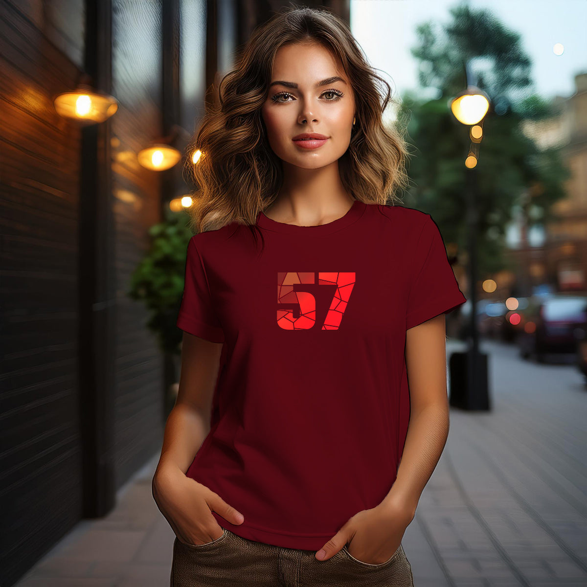 City Posters Plus 57 Number Women T-Shirt (Maroon) | Stylish Numeric Graphic Tee