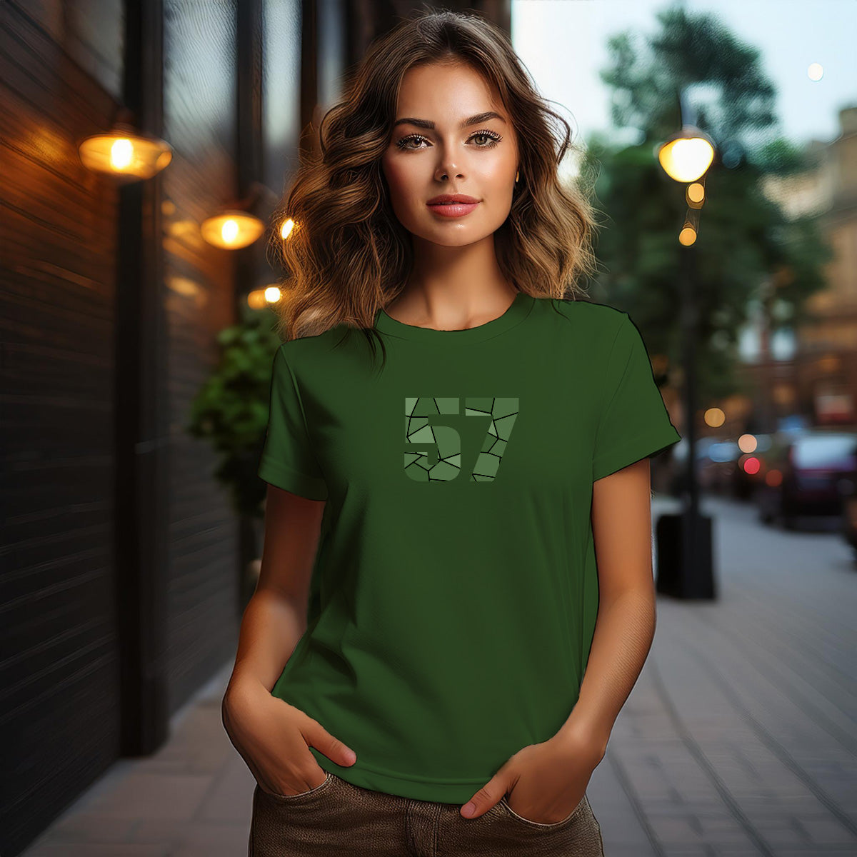 City Posters Plus 57 Number Women T-Shirt (Olive Green) | Stylish Numeric Graphic Tee