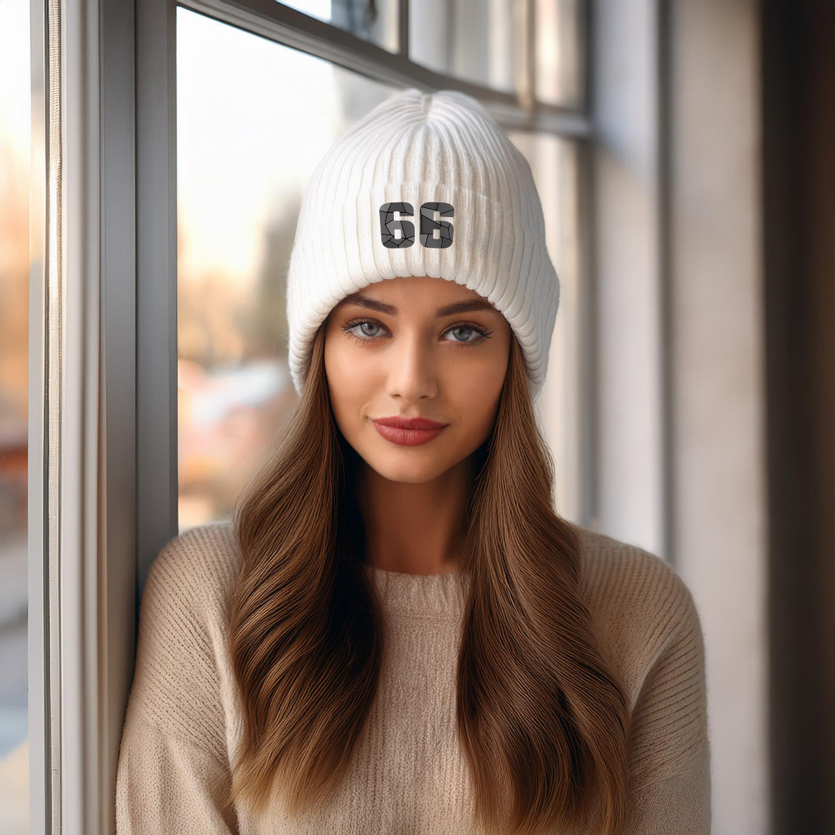 66 Number Beanie | Modern Numeric Knit Winter Hat | Beanies Plus by City Posters Plus