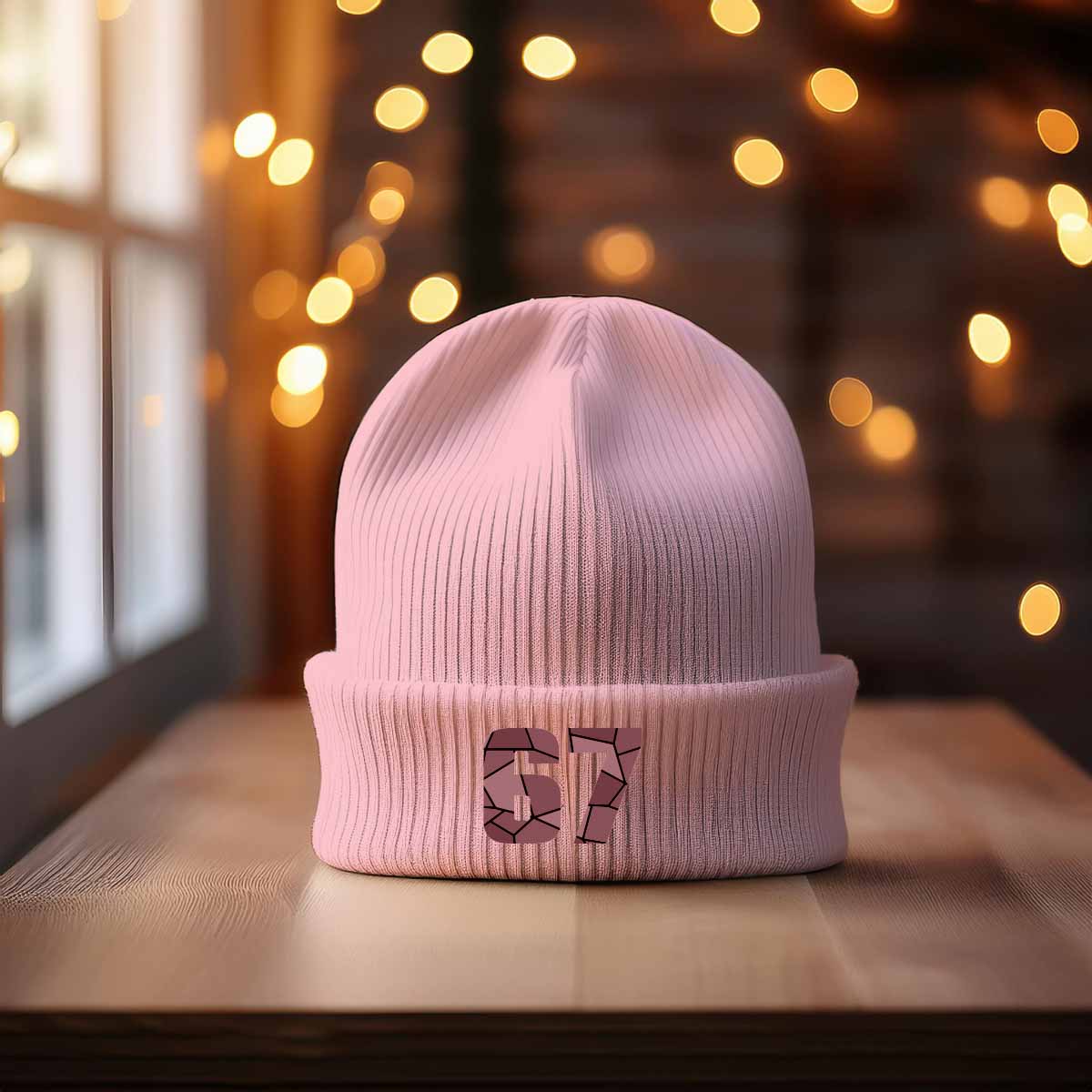 67 Number Cuffed Beanie (Baby Pink)
