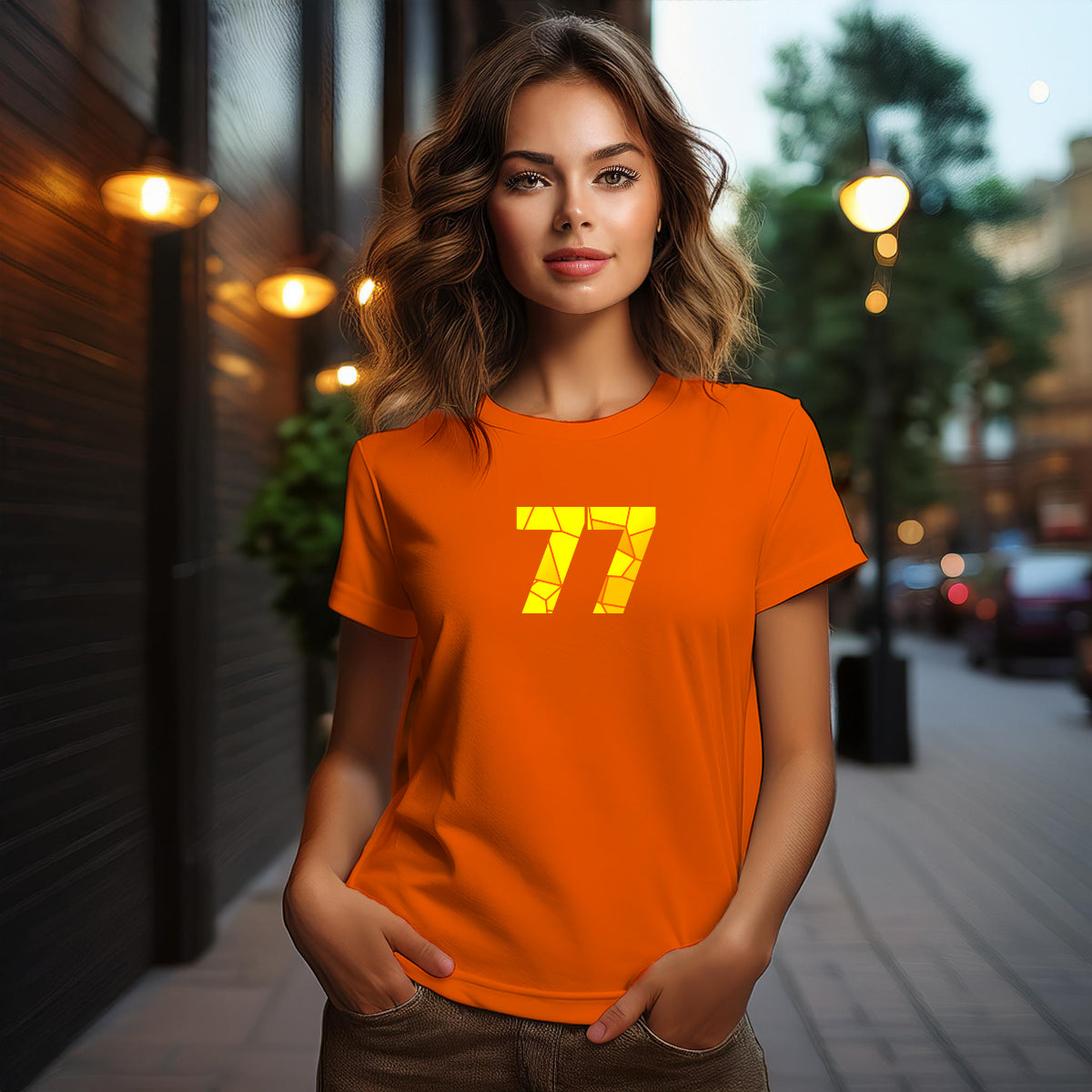 City Posters Plus 77 Number Women T-Shirt (Orange) | Stylish Numeric Graphic Tee