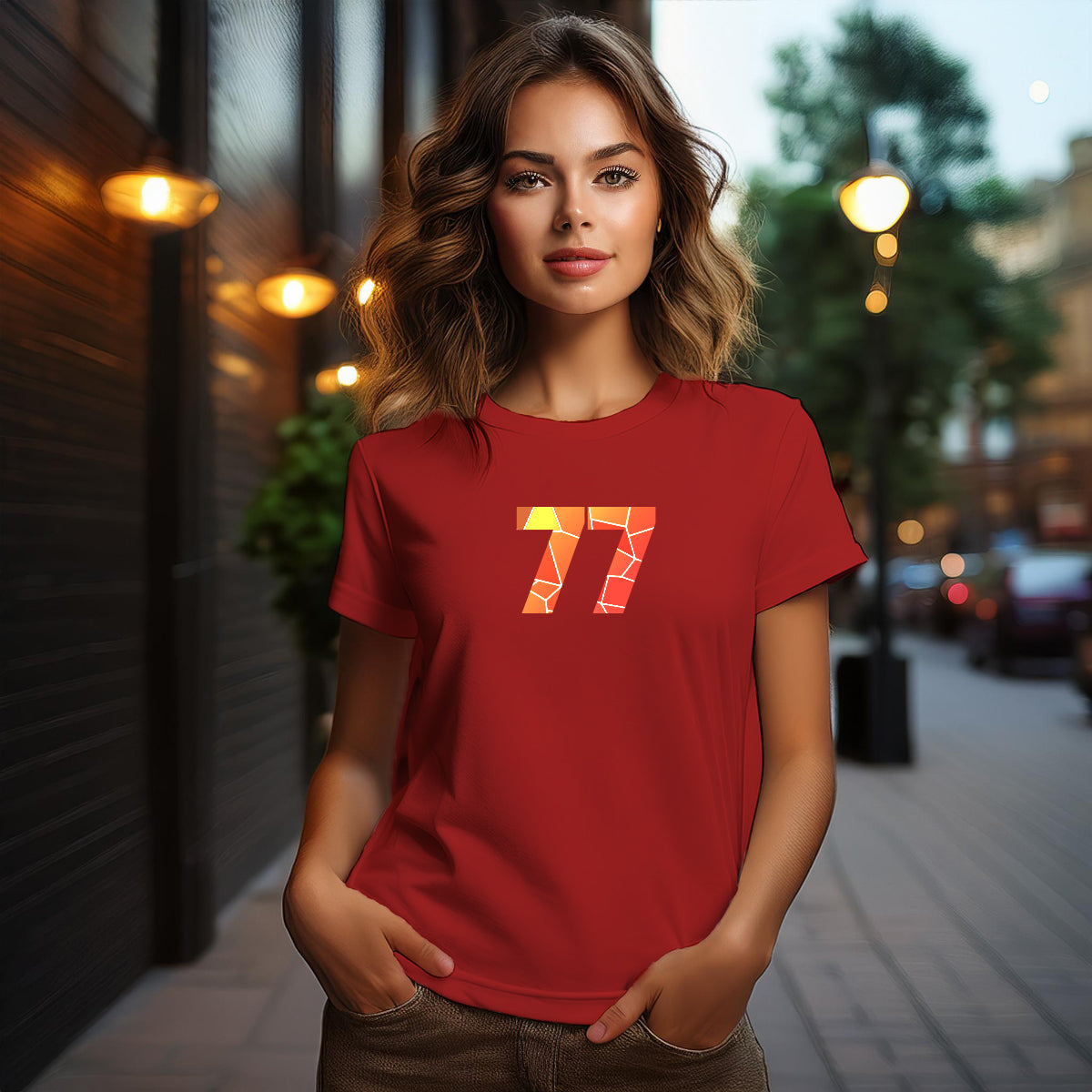 City Posters Plus 77 Number Women T-Shirt (Red) | Stylish Numeric Graphic Tee