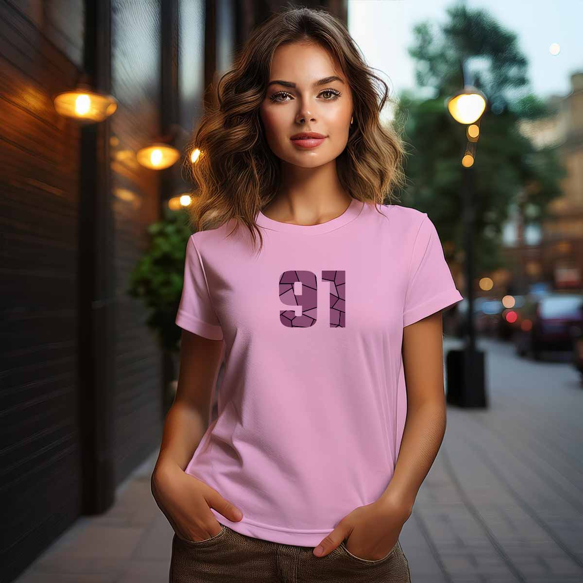 City Posters Plus 91 Number Women T-Shirt (Light Pink) | Stylish Numeric Graphic Tee