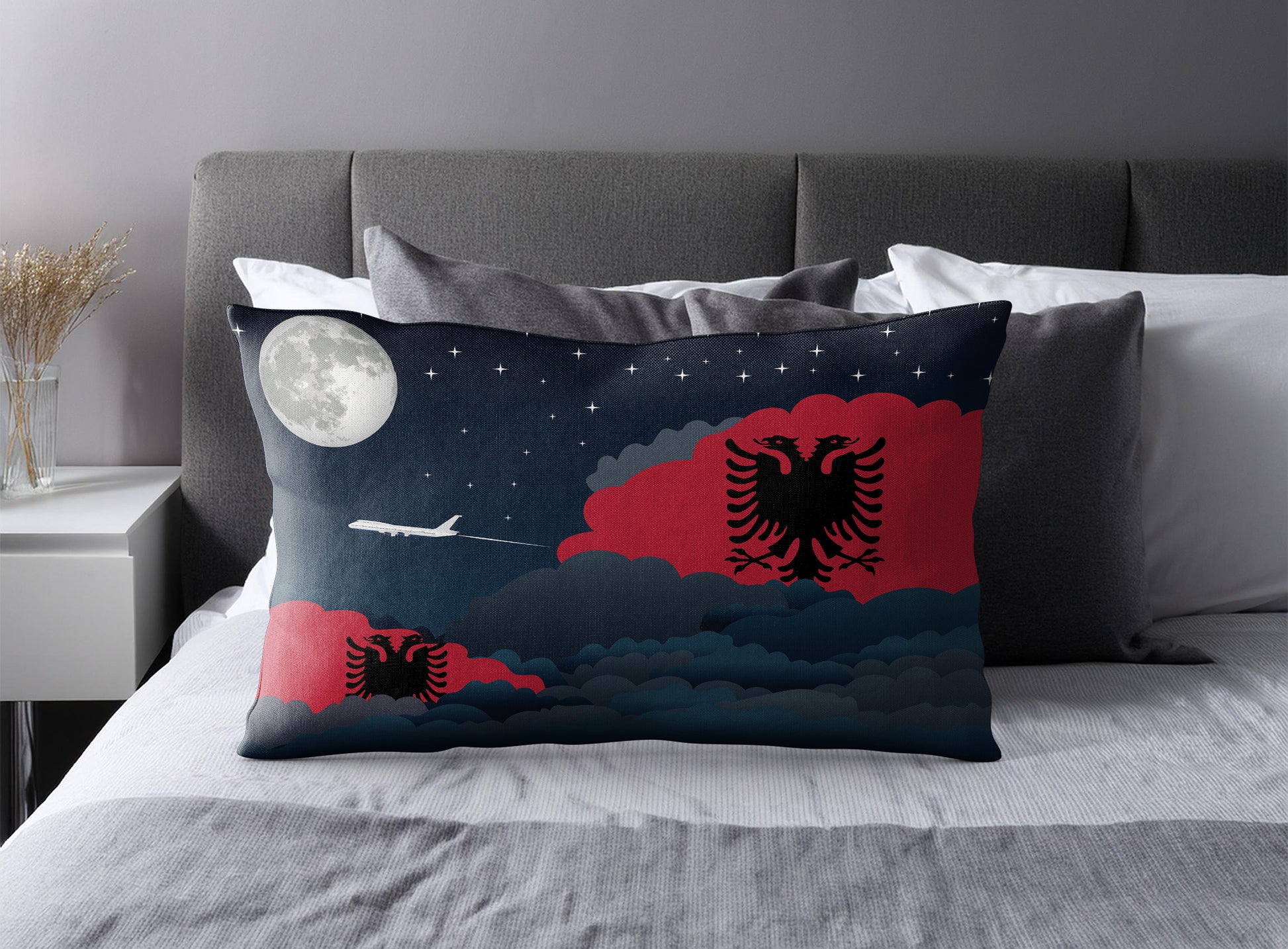 Albania World Airplane Night Clouds Square & Rectangle Pillow Cases | Aviation Night Sky Pillow Covers