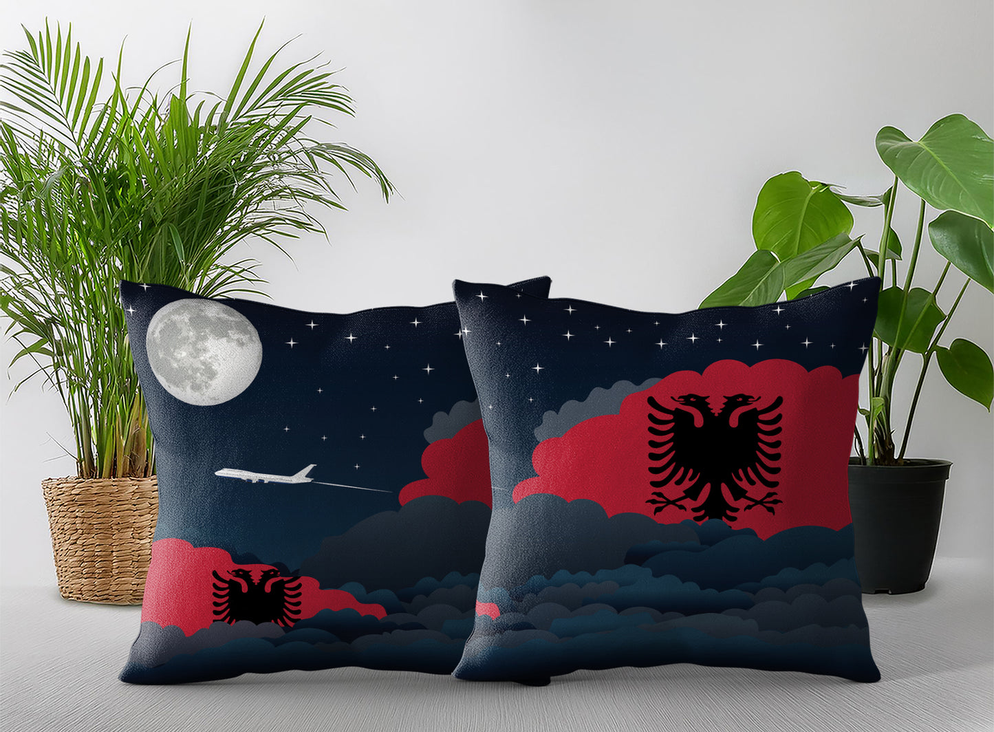 Albania World Airplane Night Clouds Square & Rectangle Pillow Cases | Aviation Night Sky Pillow Covers