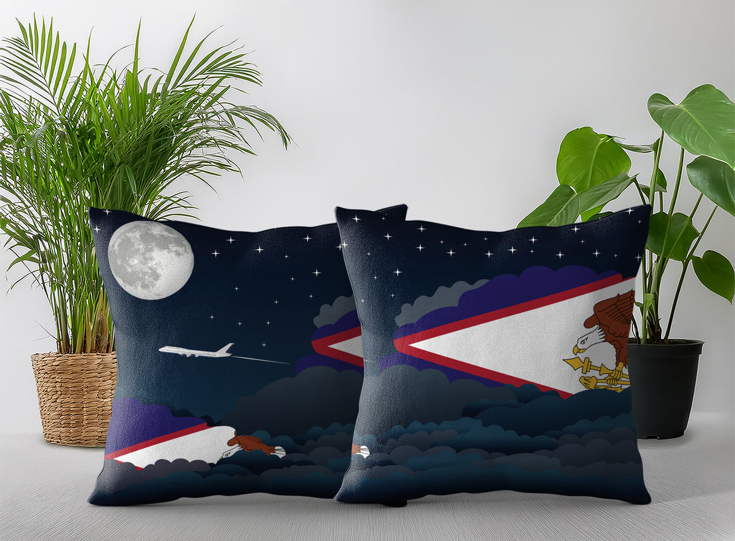 American Samoa World Airplane Night Clouds Square & Rectangle Pillow Cases | Aviation Night Sky Pillow Covers