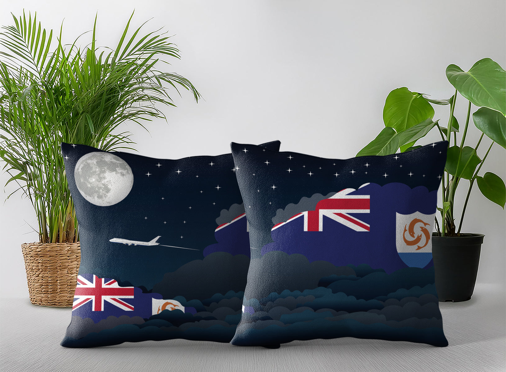 Anguilla World Airplane Night Clouds Square & Rectangle Pillow Cases | Aviation Night Sky Pillow Covers