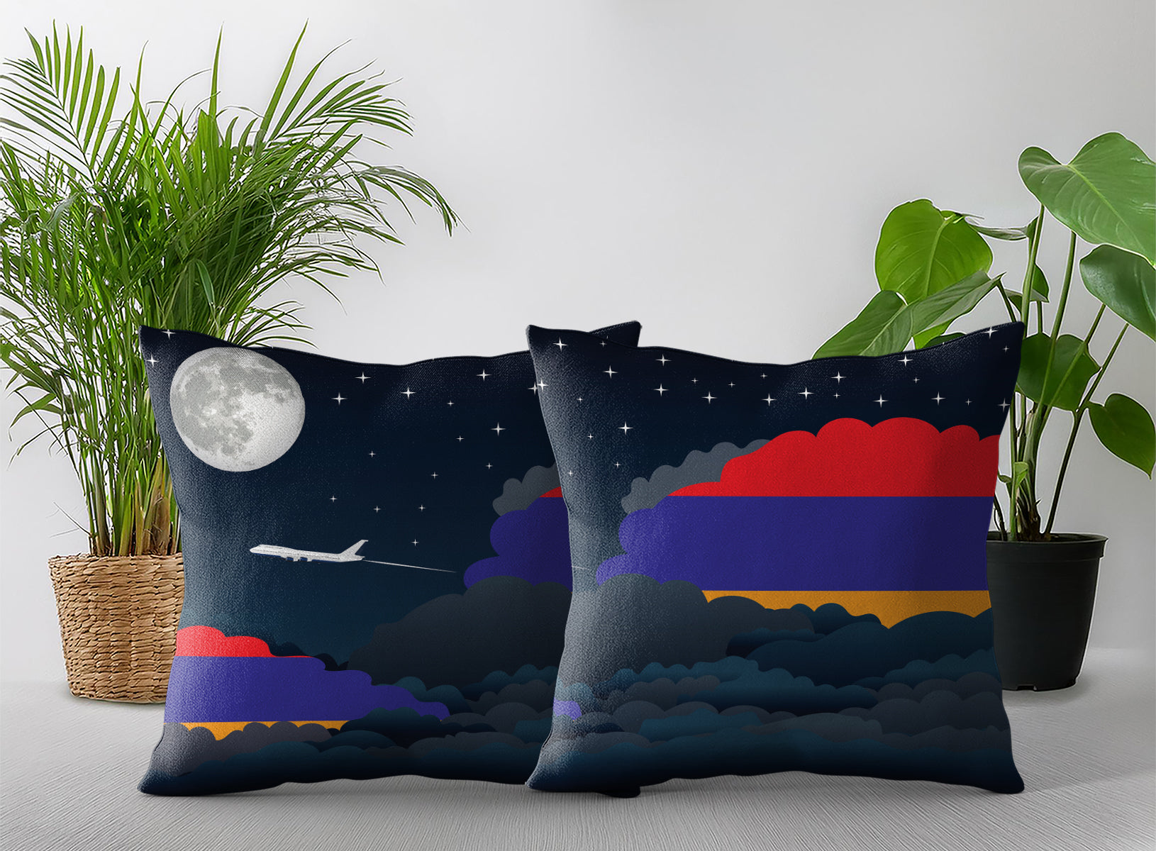 Armenia World Airplane Night Clouds Square & Rectangle Pillow Cases | Aviation Night Sky Pillow Covers