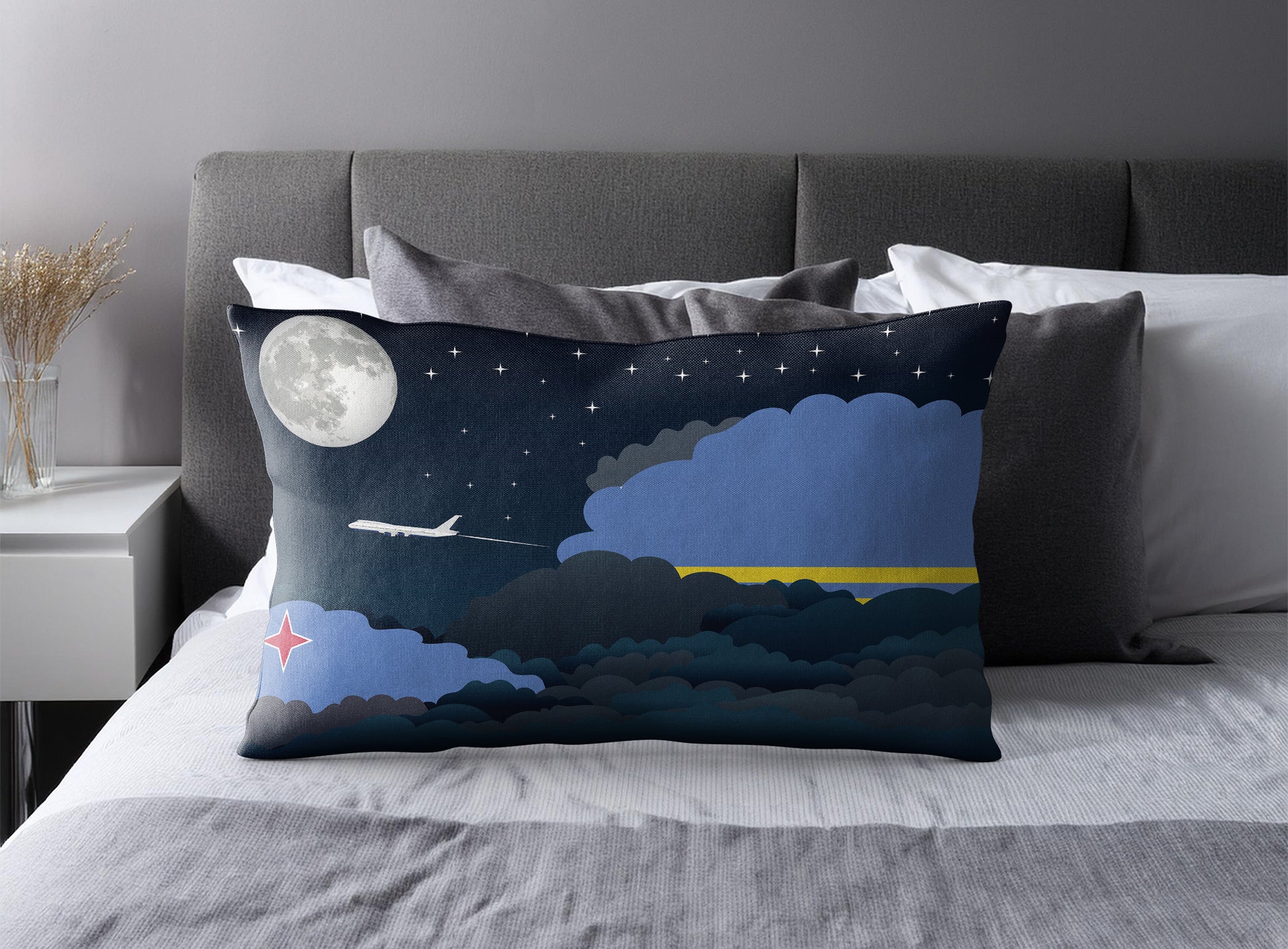 Aruba World Airplane Night Clouds Square & Rectangle Pillow Cases | Aviation Night Sky Pillow Covers