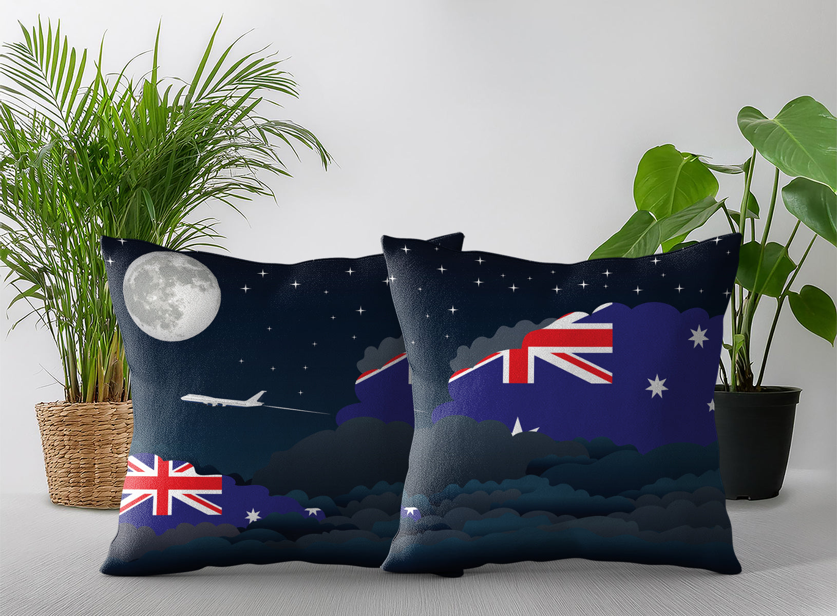 Australia World Airplane Night Clouds Square & Rectangle Pillow Cases | Aviation Night Sky Pillow Covers