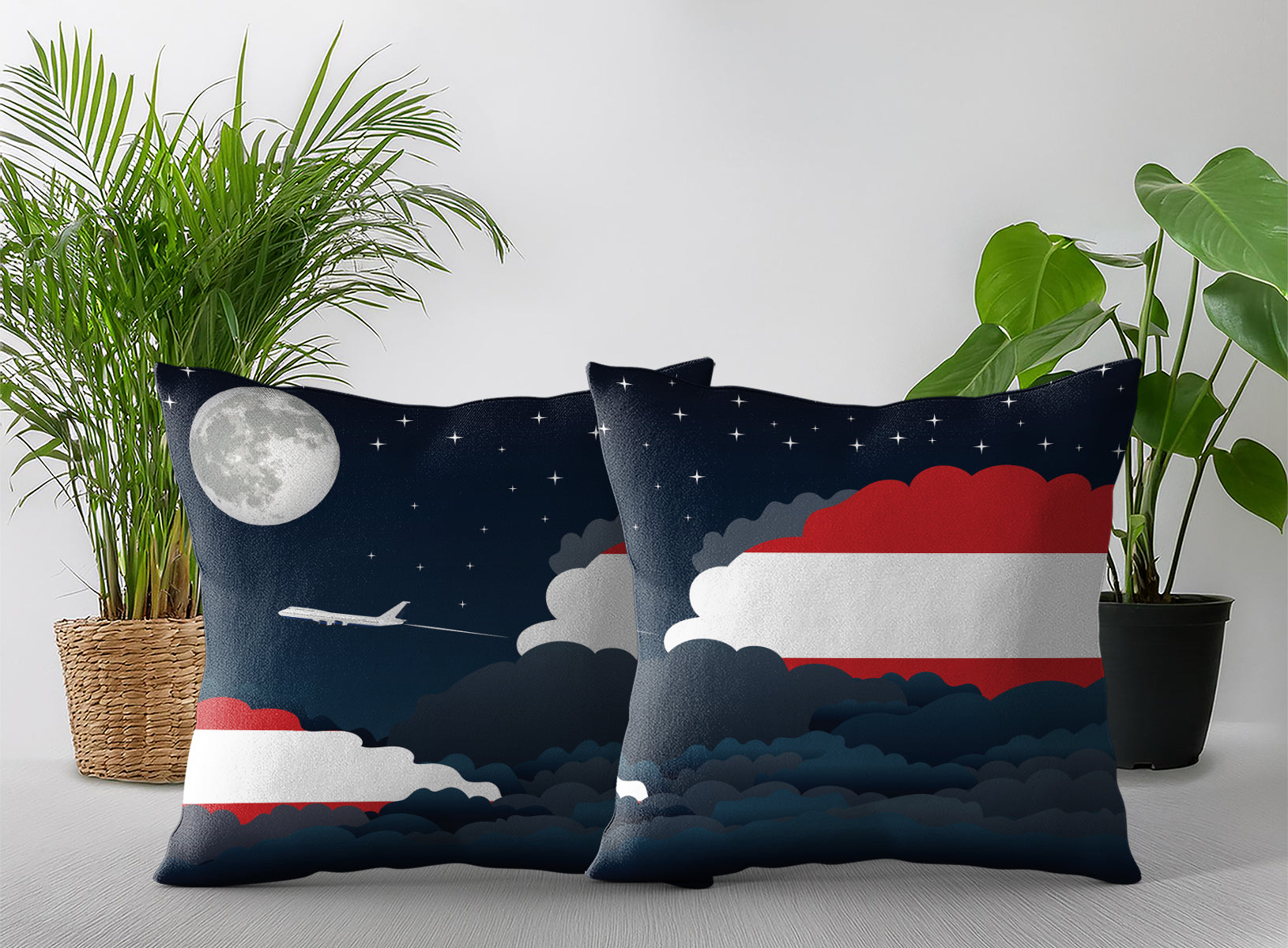 Austria World Airplane Night Clouds Square & Rectangle Pillow Cases | Aviation Night Sky Pillow Covers