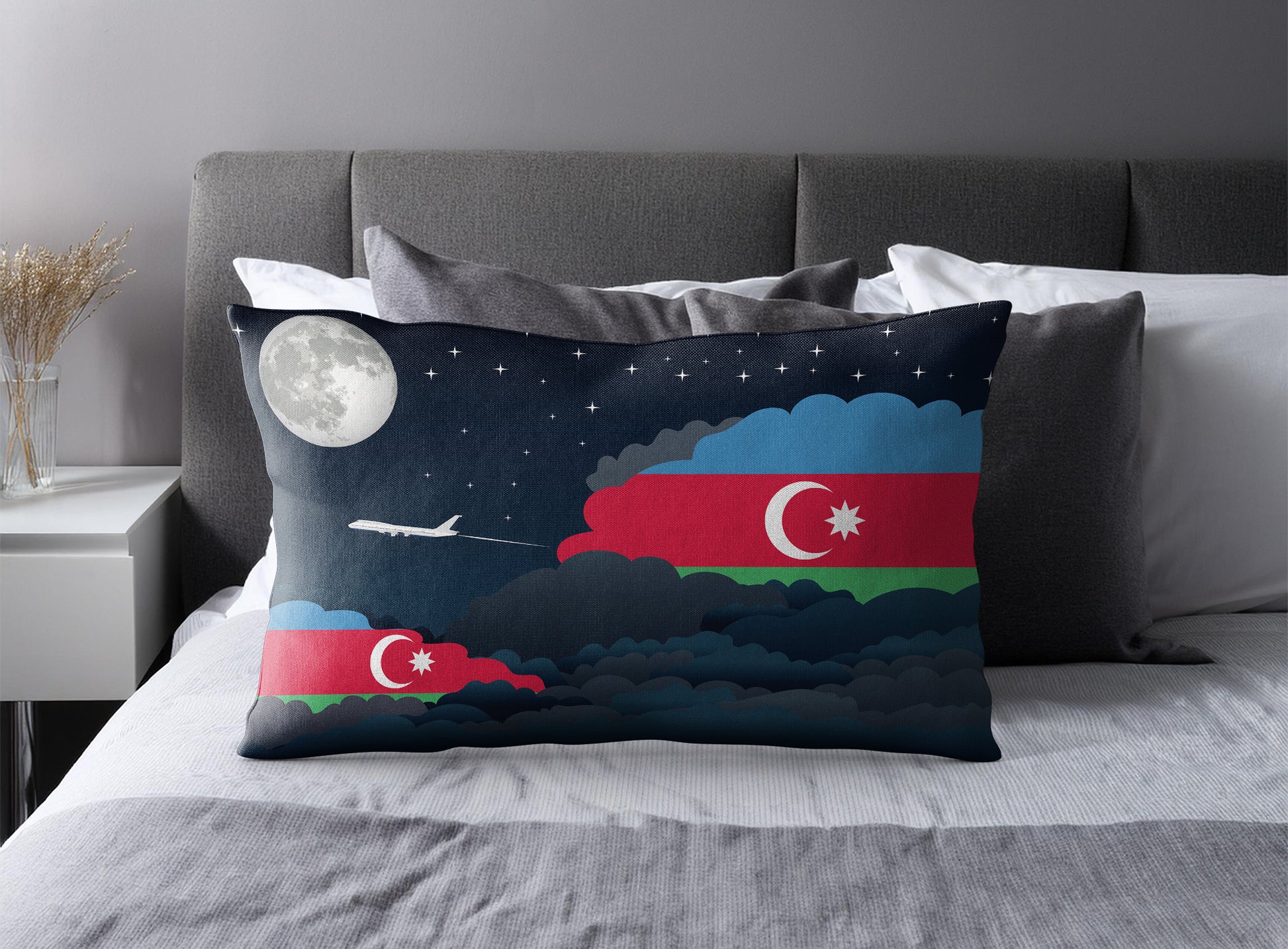 Azerbaijan World Airplane Night Clouds Square & Rectangle Pillow Cases | Aviation Night Sky Pillow Covers
