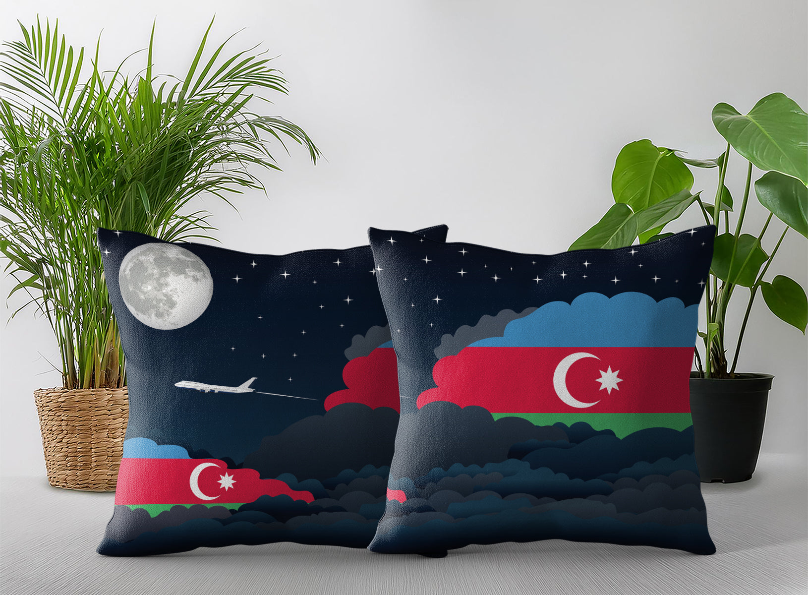 Azerbaijan World Airplane Night Clouds Square & Rectangle Pillow Cases | Aviation Night Sky Pillow Covers
