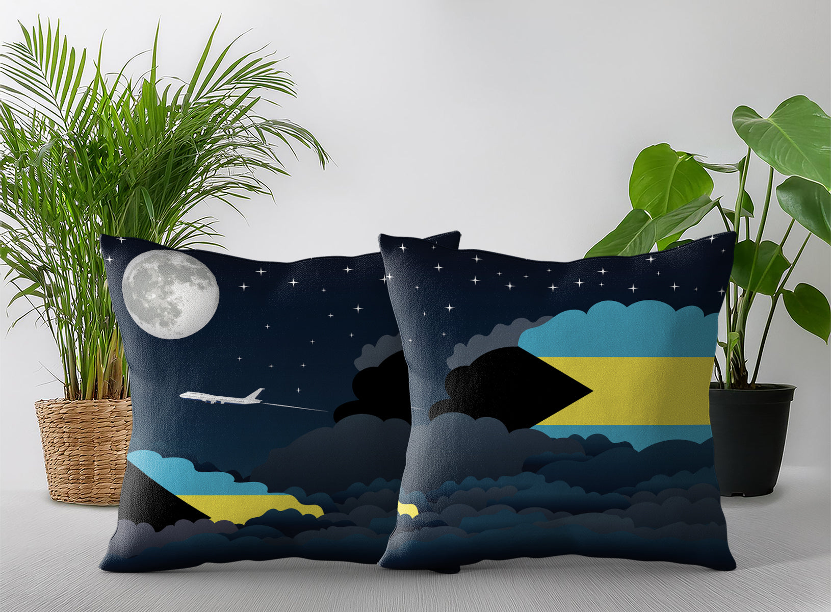 Bahamas World Airplane Night Clouds Square & Rectangle Pillow Cases | Aviation Night Sky Pillow Covers