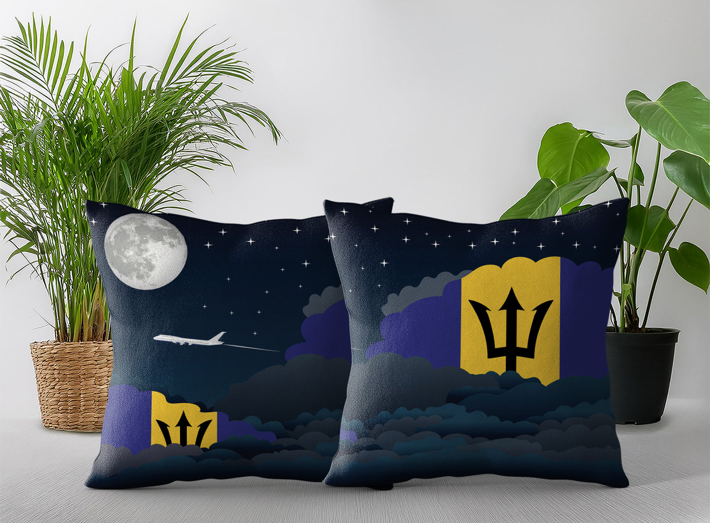 Barbados World Airplane Night Clouds Square & Rectangle Pillow Cases | Aviation Night Sky Pillow Covers