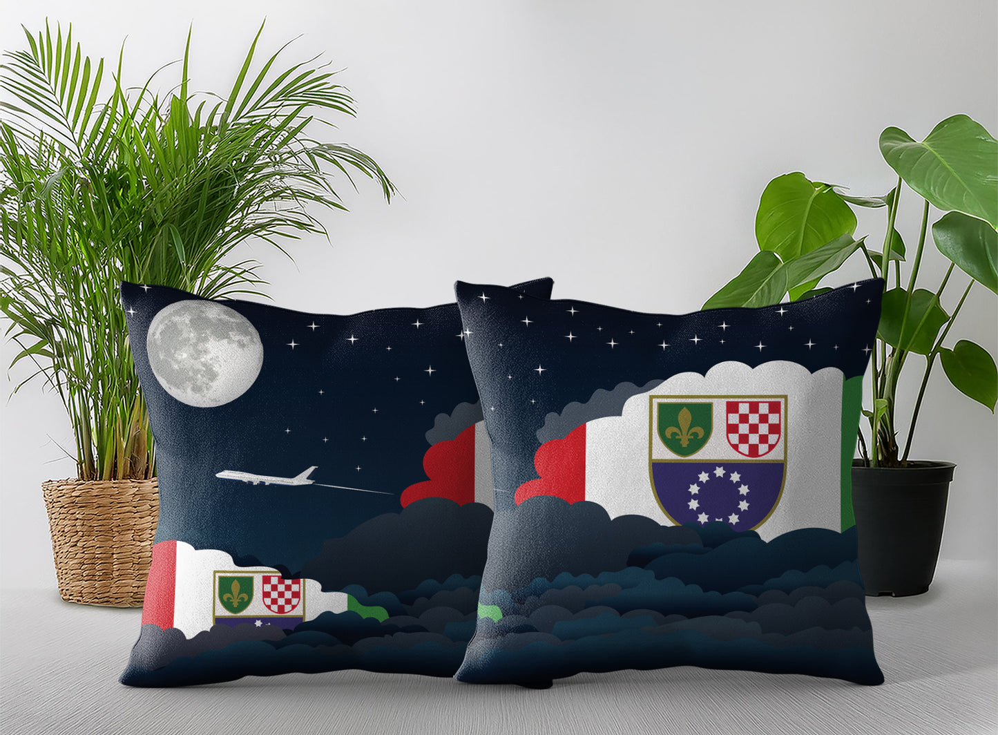 Bosnia Case and Herzegovina Federation of World Airplane Night Clouds Square & Rectangle Pillow Cases | Aviation Night Sky Pillow Covers