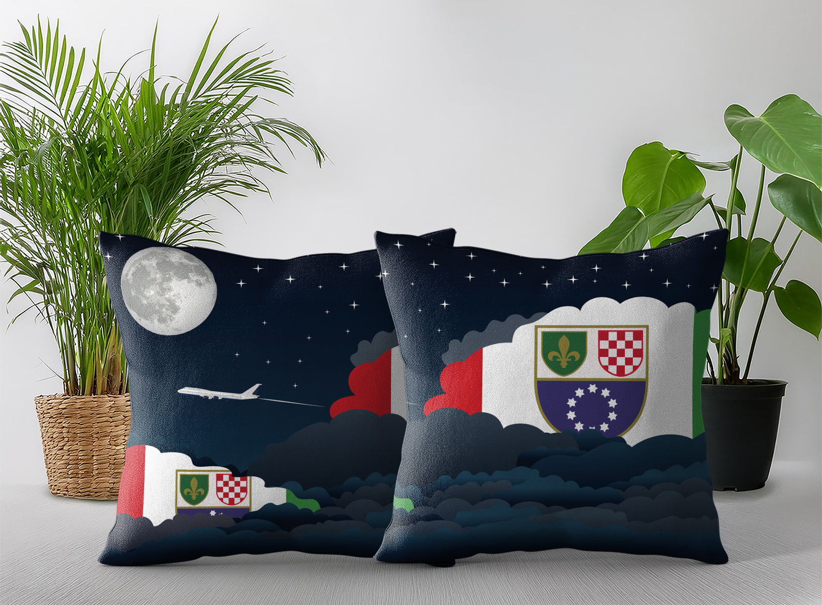 Bosnia Case and Herzegovina Federation of World Airplane Night Clouds Square & Rectangle Pillow Cases | Aviation Night Sky Pillow Covers