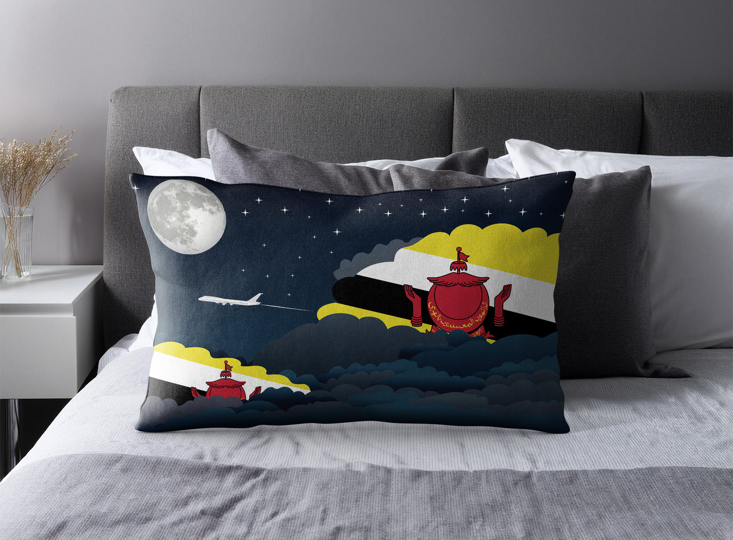 Brunei World Airplane Night Clouds Square & Rectangle Pillow Cases | Aviation Night Sky Pillow Covers
