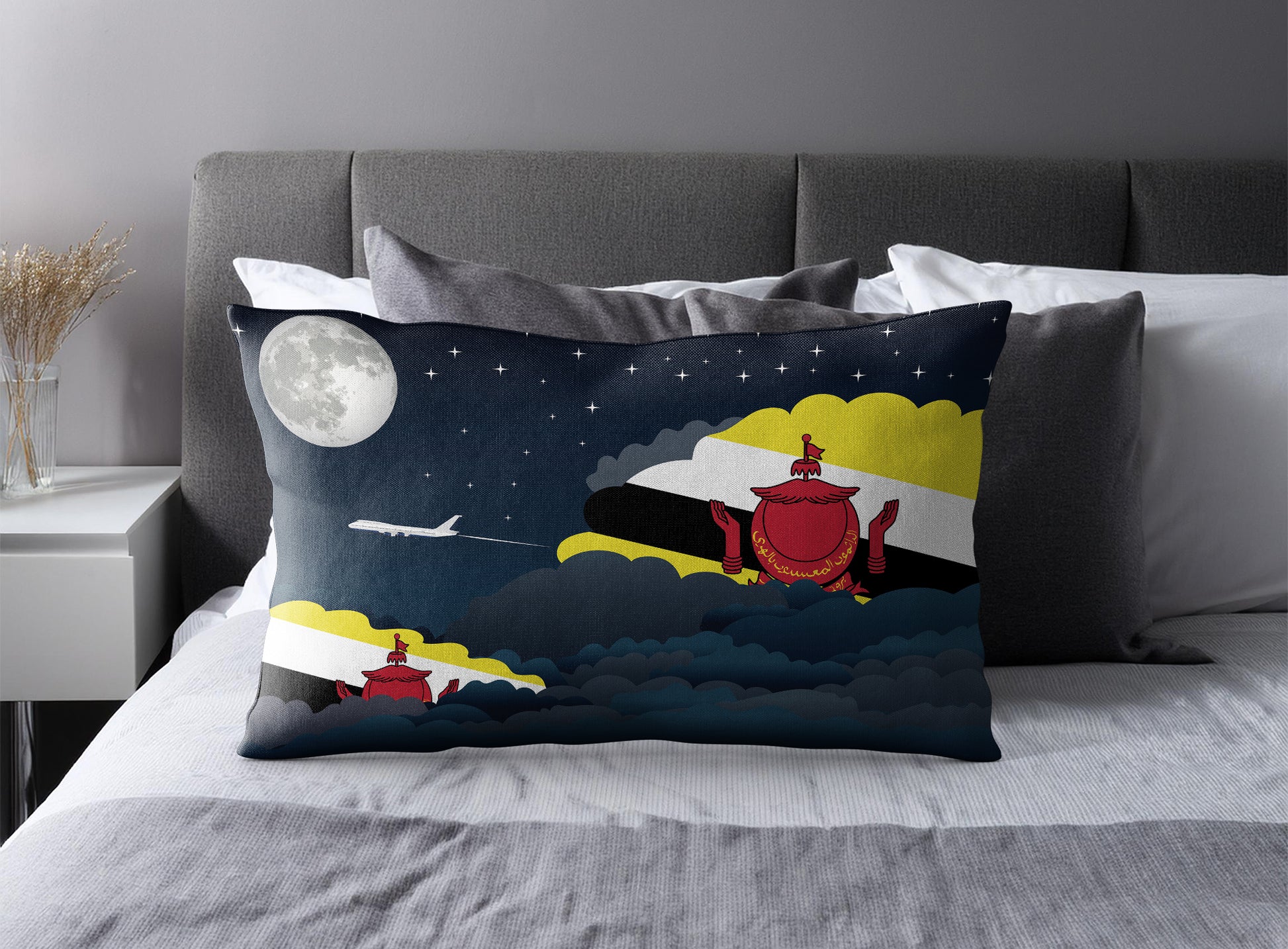 Brunei World Airplane Night Clouds Square & Rectangle Pillow Cases | Aviation Night Sky Pillow Covers