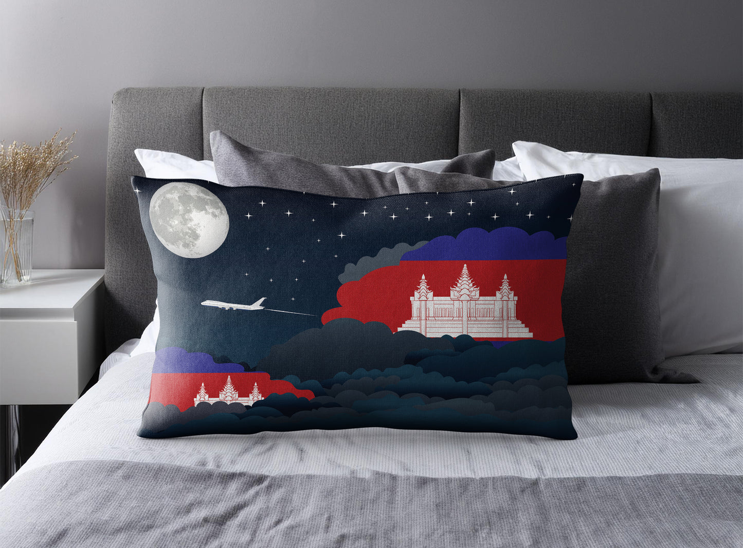 Cambodia World Airplane Night Clouds Square & Rectangle Pillow Cases | Aviation Night Sky Pillow Covers