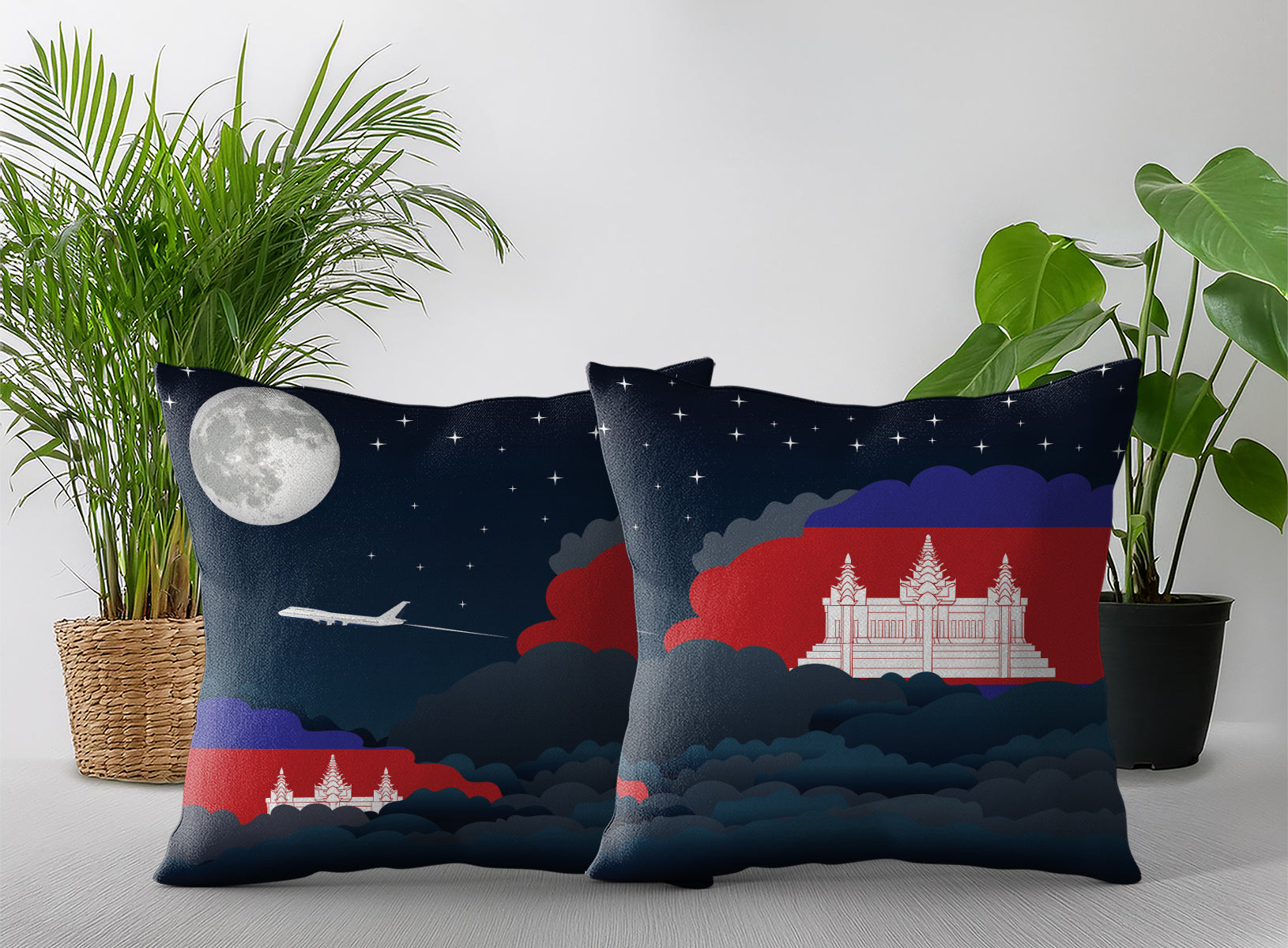 Cambodia World Airplane Night Clouds Square & Rectangle Pillow Cases | Aviation Night Sky Pillow Covers