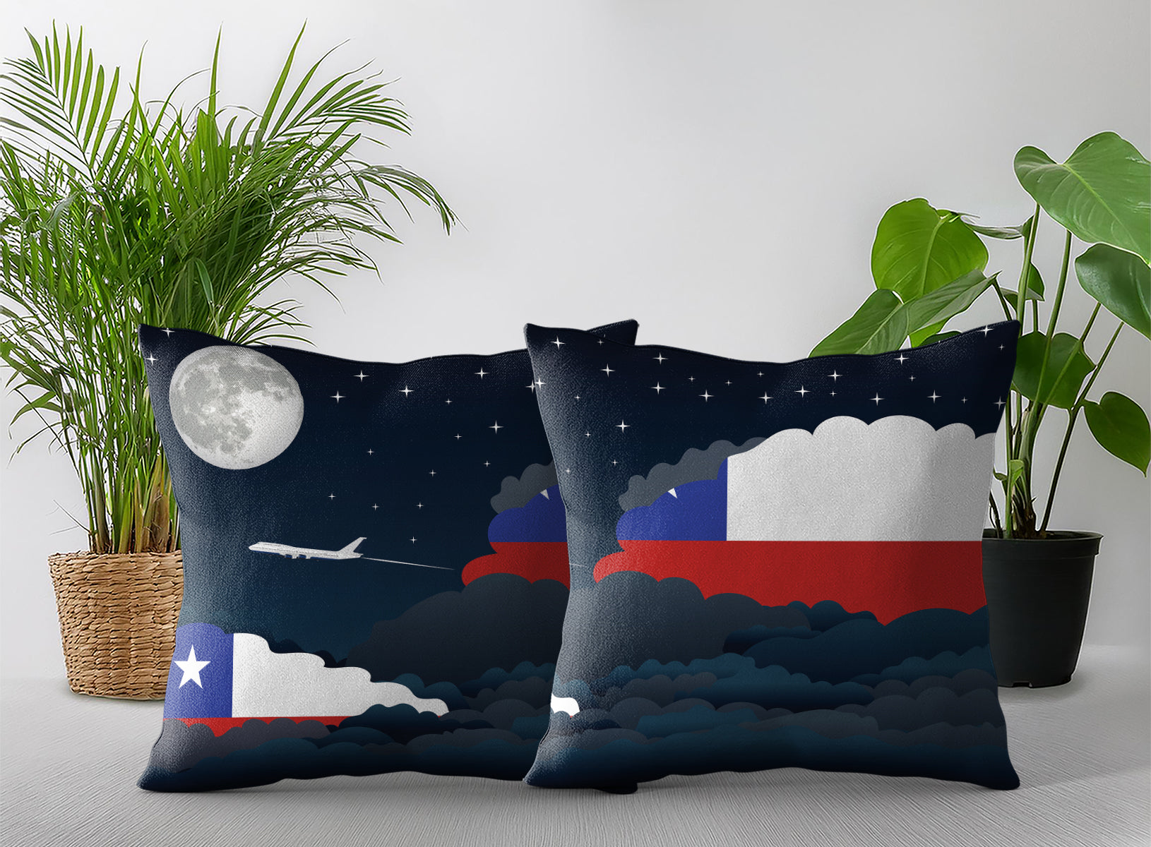 Chile World Airplane Night Clouds Square & Rectangle Pillow Cases | Aviation Night Sky Pillow Covers