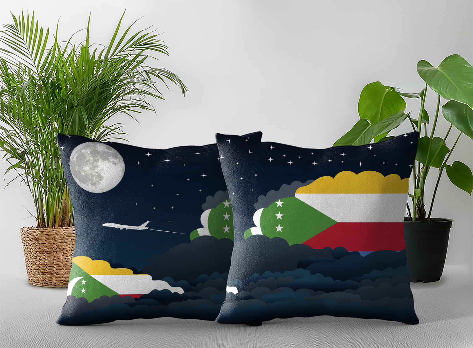 Comoros World Airplane Night Clouds Square & Rectangle Pillow Cases | Aviation Night Sky Pillow Covers
