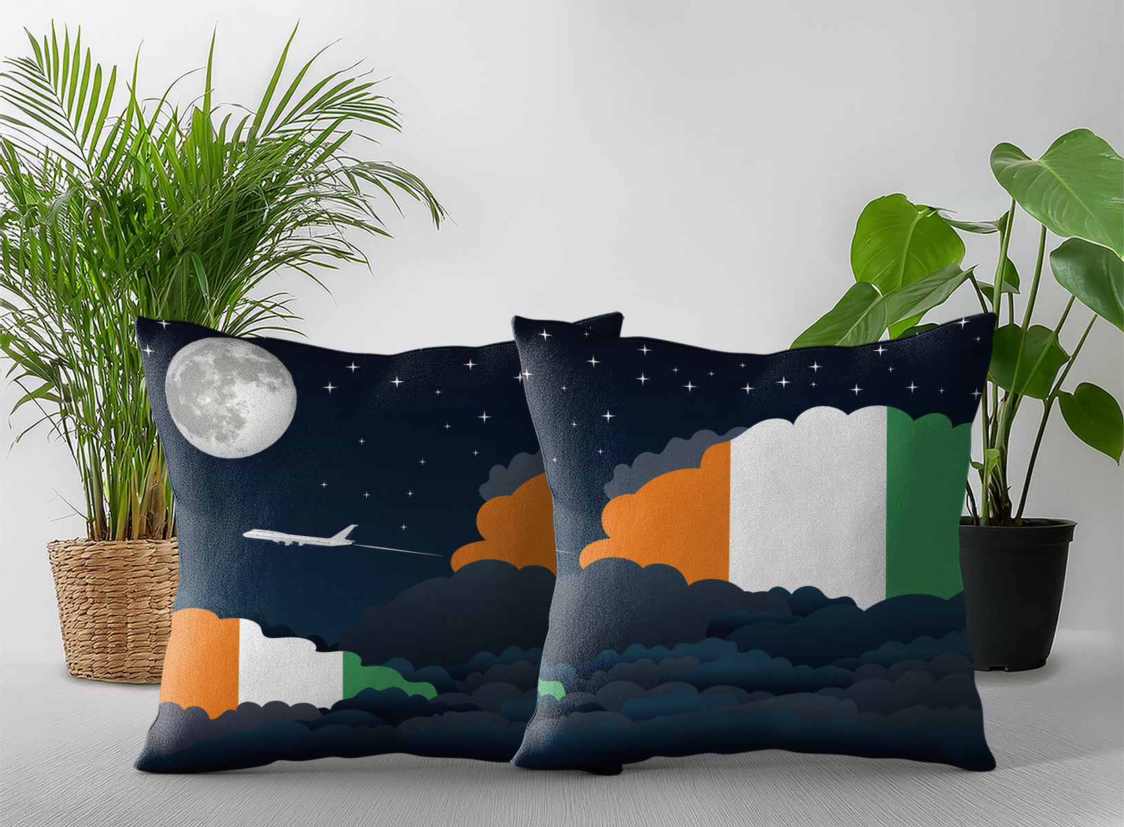 Cote DIvoire World Airplane Night Clouds Square & Rectangle Pillow Cases | Aviation Night Sky Pillow Covers