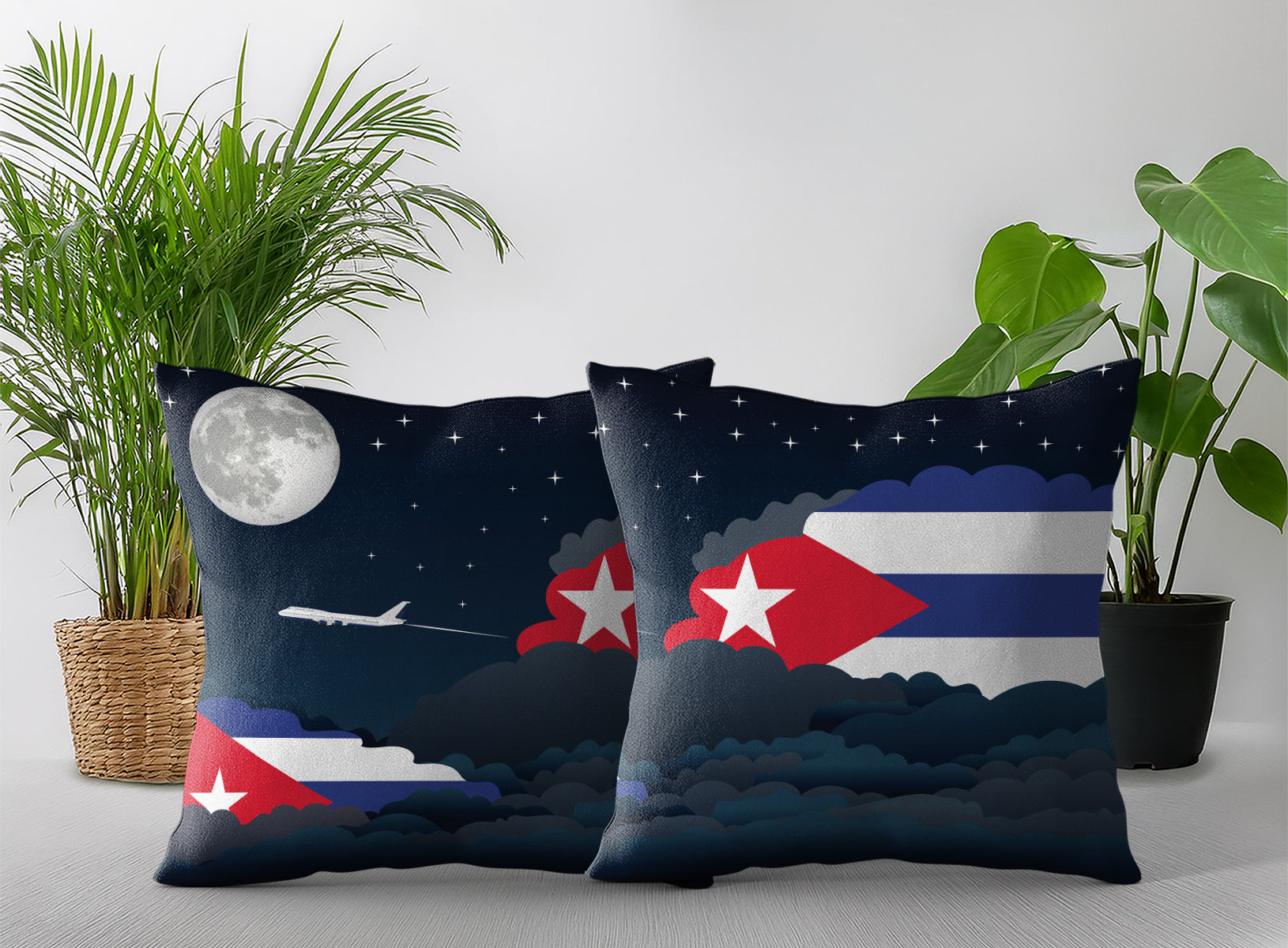 Cuba World Airplane Night Clouds Square & Rectangle Pillow Cases | Aviation Night Sky Pillow Covers