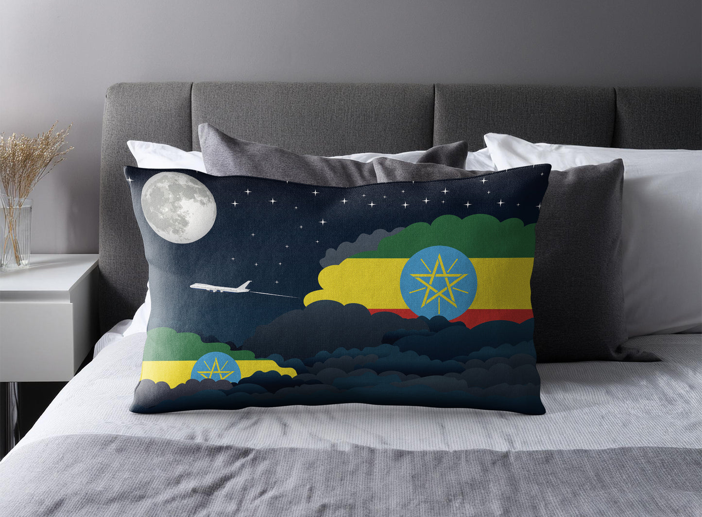 Ethiopia World Airplane Night Clouds Square & Rectangle Pillow Cases | Aviation Night Sky Pillow Covers