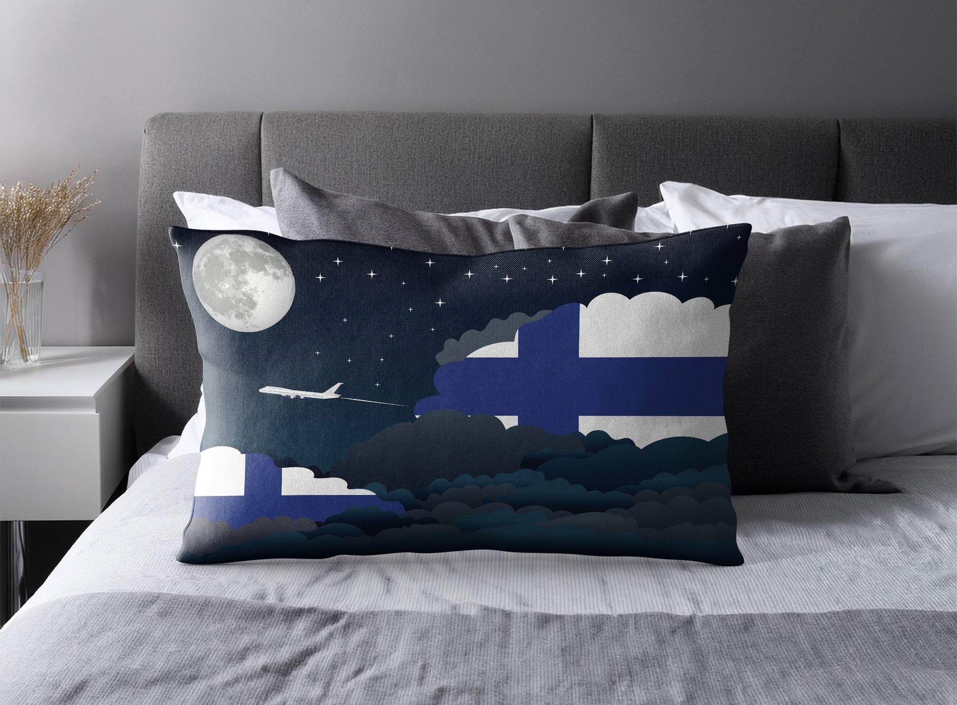 Finland World Airplane Night Clouds Square & Rectangle Pillow Cases | Aviation Night Sky Pillow Covers
