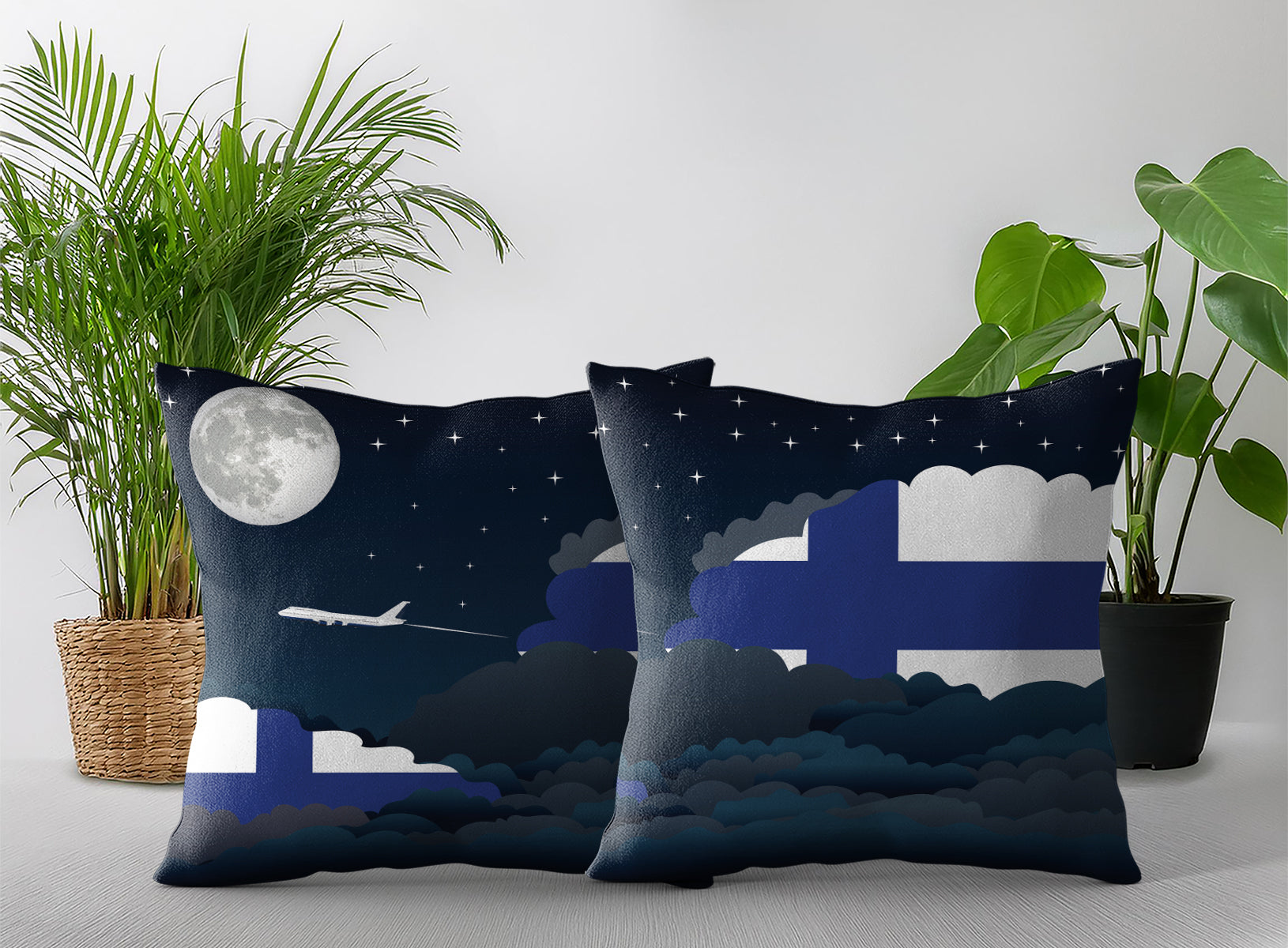 Finland World Airplane Night Clouds Square & Rectangle Pillow Cases | Aviation Night Sky Pillow Covers