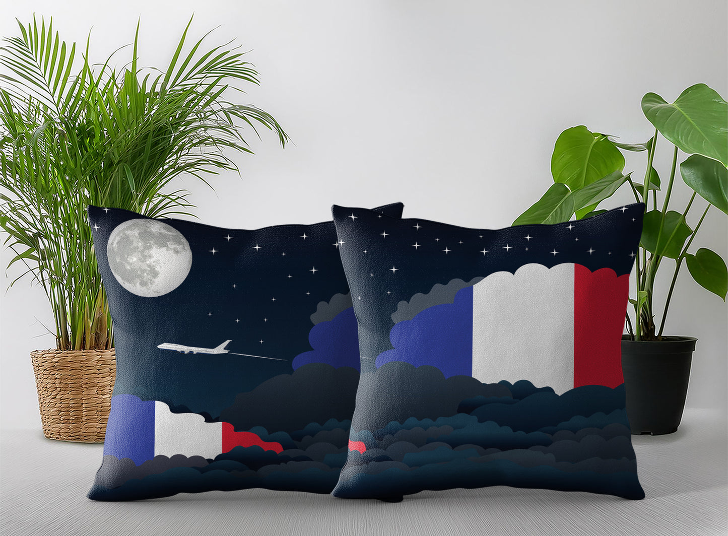 France World Airplane Night Clouds Square & Rectangle Pillow Cases | Aviation Night Sky Pillow Covers