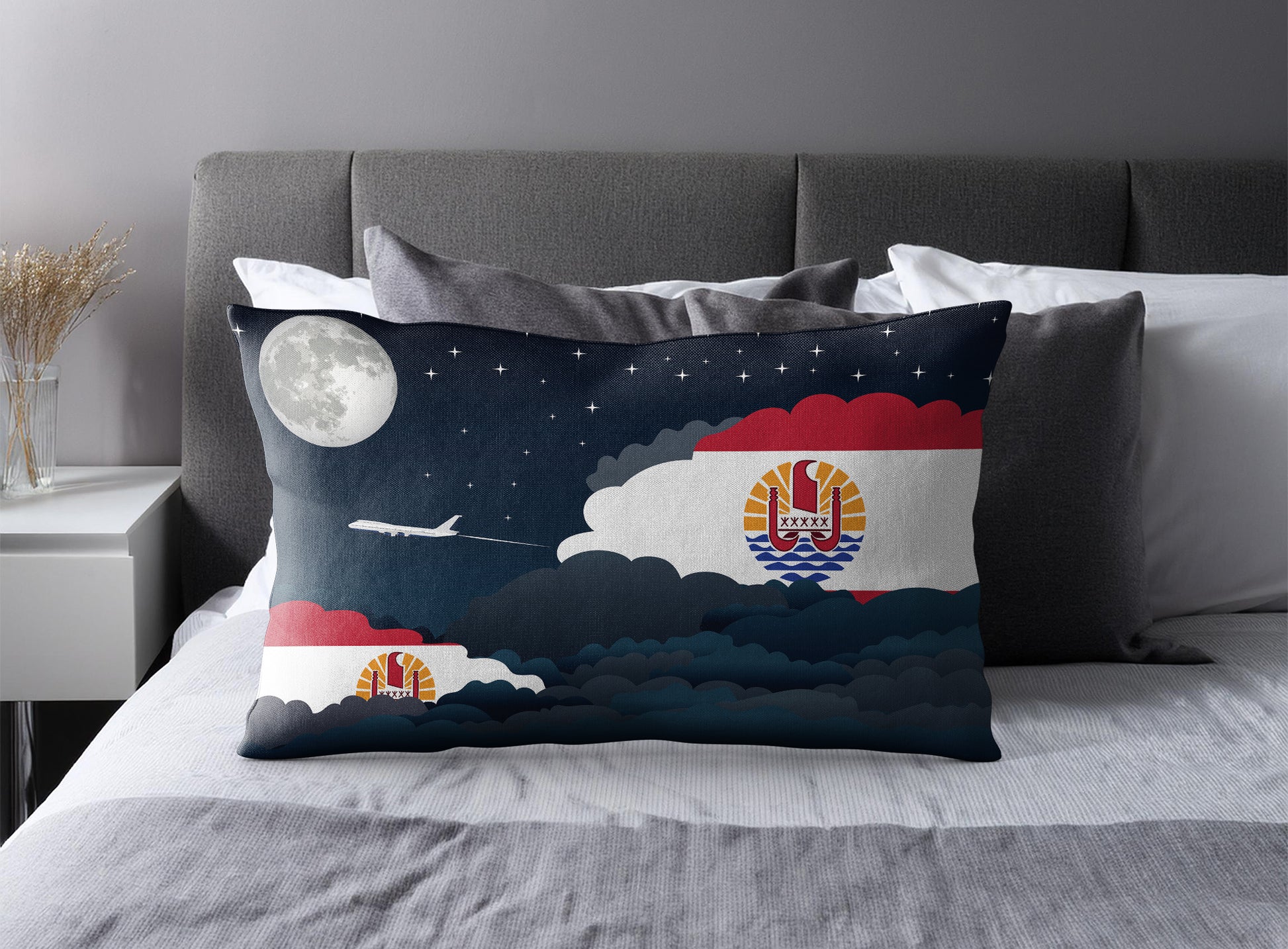 French Polynesia World Airplane Night Clouds Square & Rectangle Pillow Cases | Aviation Night Sky Pillow Covers