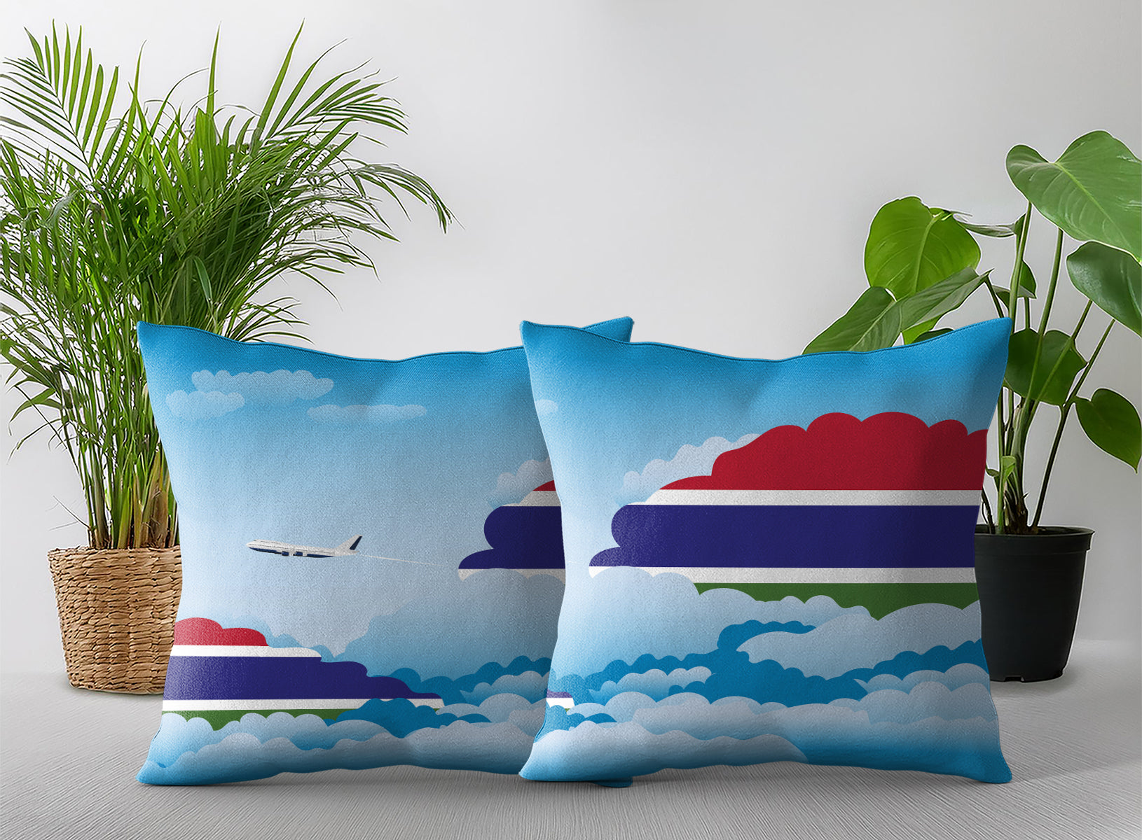 Gambia World Airplane Day Clouds Square & Rectangle Pillow Cases | Aviation Decorative Pillow Covers